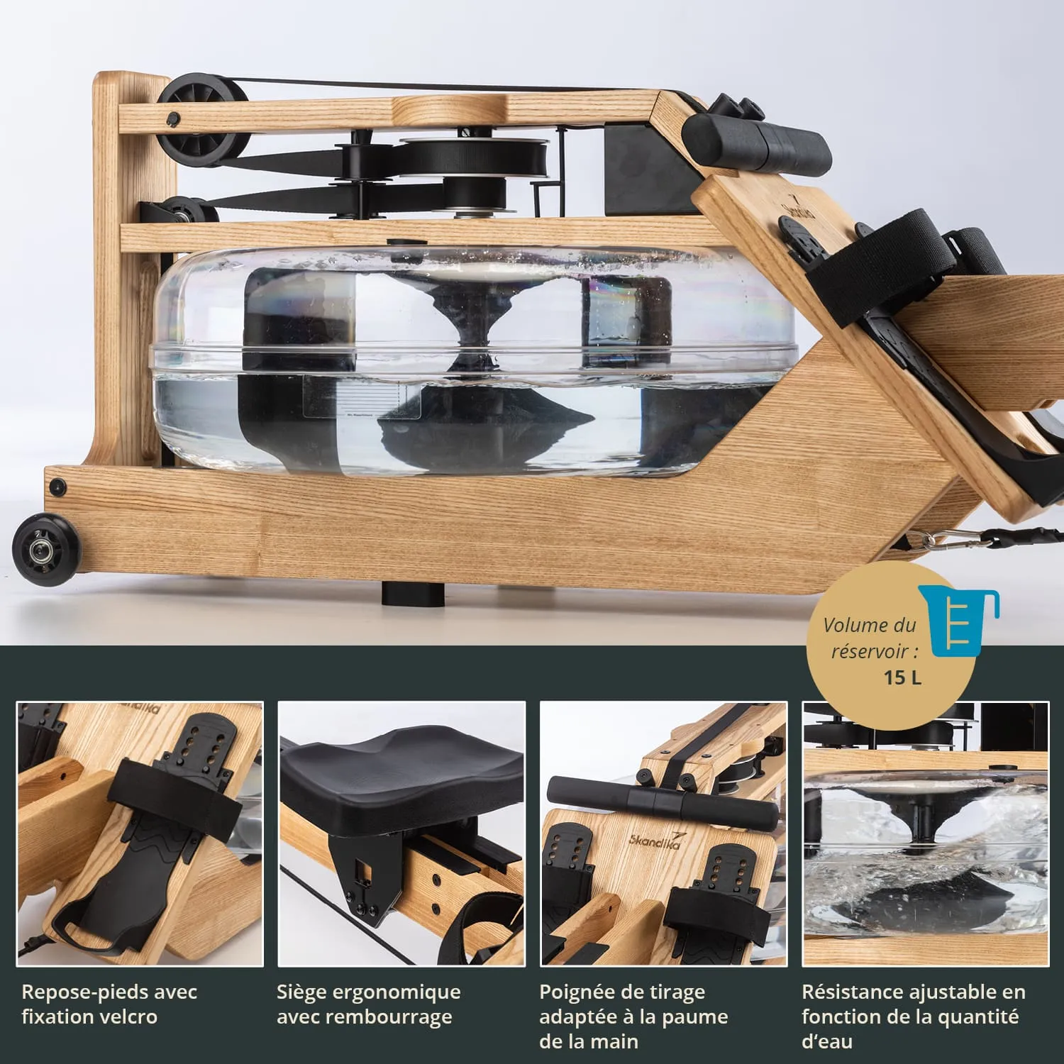 Wasser-Rudergerät aus Holz mit Wassertank. Ergonomischer Sitz, verstellbare Fußstützen und Griff für den Widerstand.