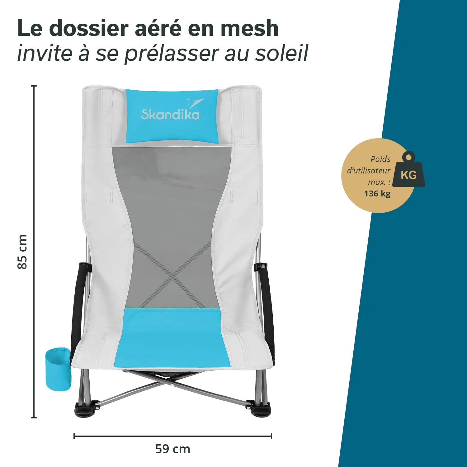 Faltstuhl mit mesh Rückenlehne, hellgrau und blau, Maße 85 cm hoch und 59 cm breit, Maximallast 136 kg. Getränkehalter vorhanden.