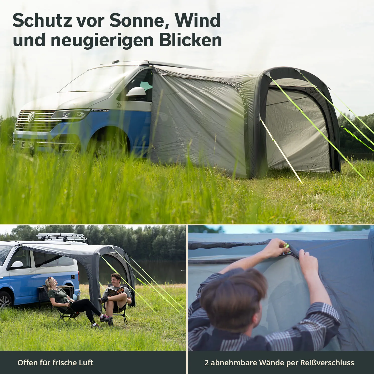 Volkswagen Fahrzeug mit einem befestigten Vorzelt auf einer Wiese. Im Hintergrund zwei Personen auf Campingstühlen.