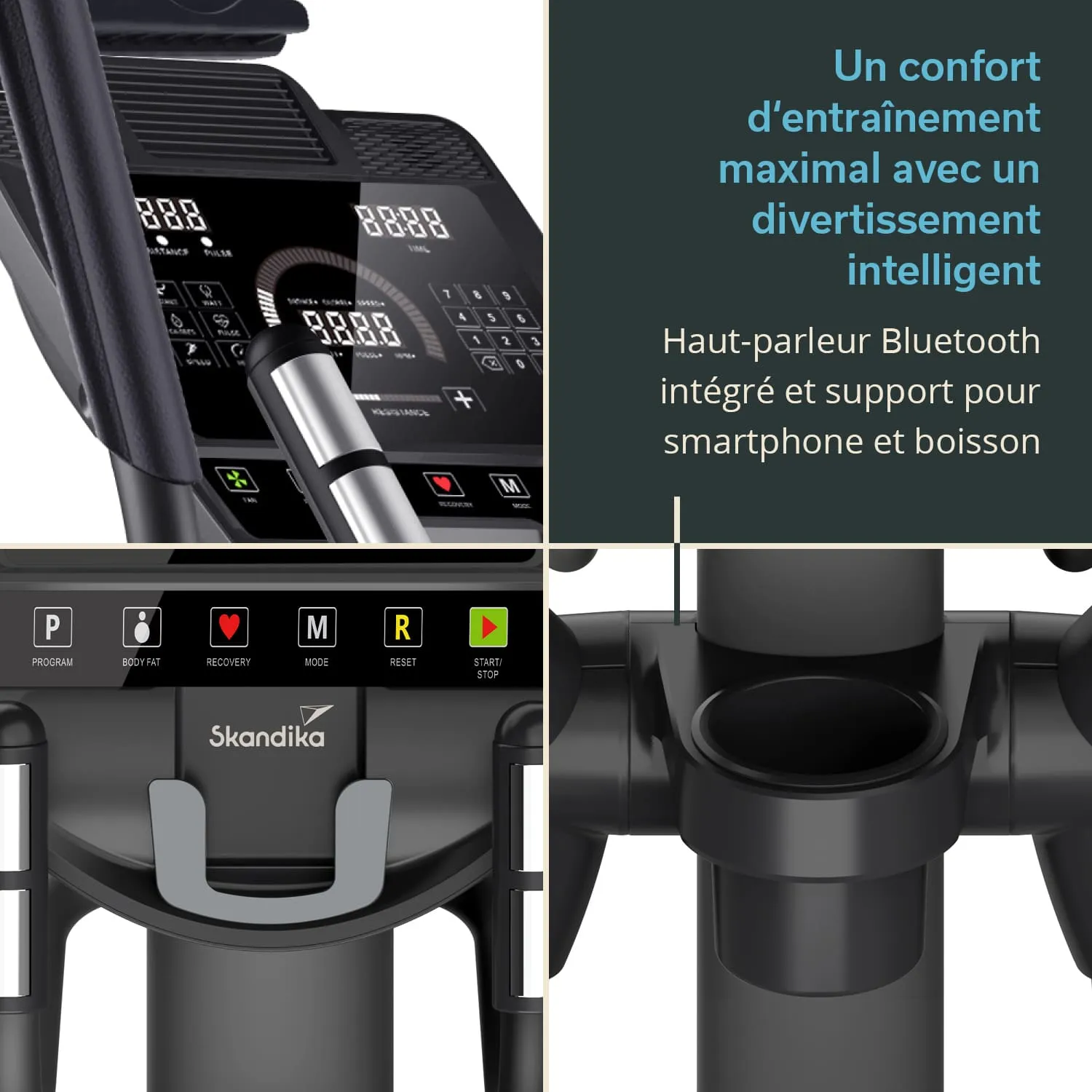 Das Bild zeigt ein Fitnessgerät mit einem Bedienfeld. Es sind Tasten für Programm, Körperfett, Wiederherstellung, Modus und Reset sichtbar. Zudem gibt es eine Halterung für ein Smartphone und einen Getränkehalter.