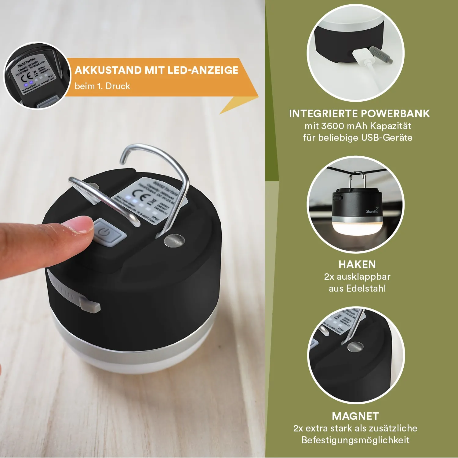 Eine tragbare Lampe mit Powerbank-Funktion, Haken aus Edelstahl und Magneten zur Befestigung. Akku-LED-Anzeige sichtbar.