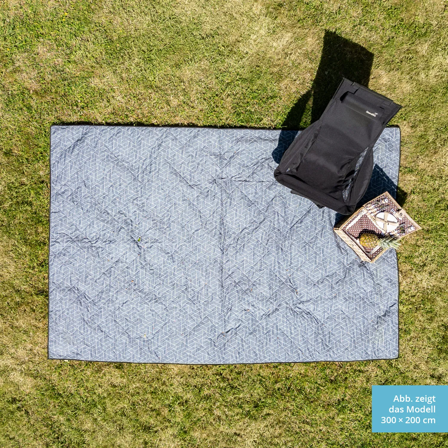Blaue Picknickdecke auf grünem Gras, daneben ein schwarzer Rucksack und ein Korb mit Obst und Geschirr.