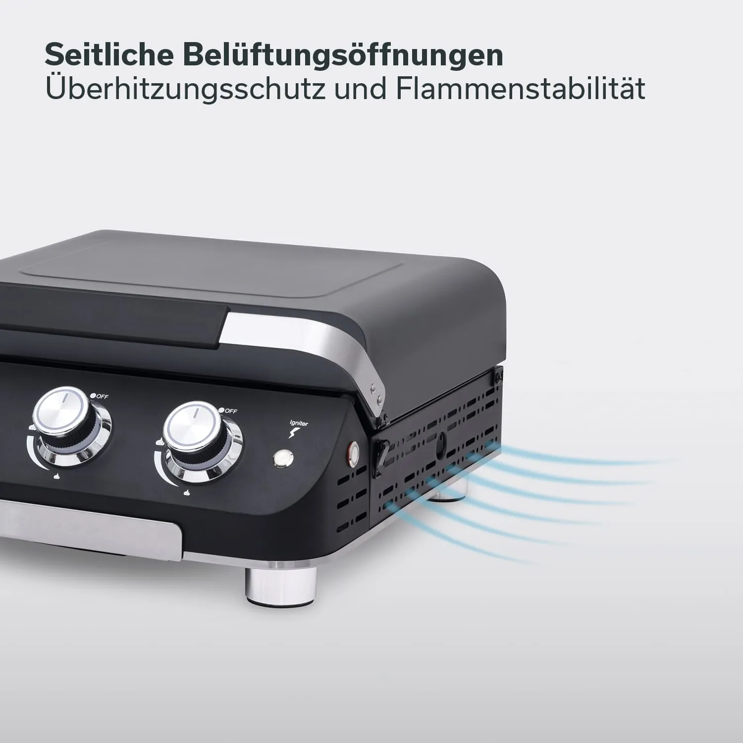 Gasgrill mit seitlichen Belüftungsöffnungen. Zwei Drehregler und eine Zündung sind sichtbar. Moderne Bauform.