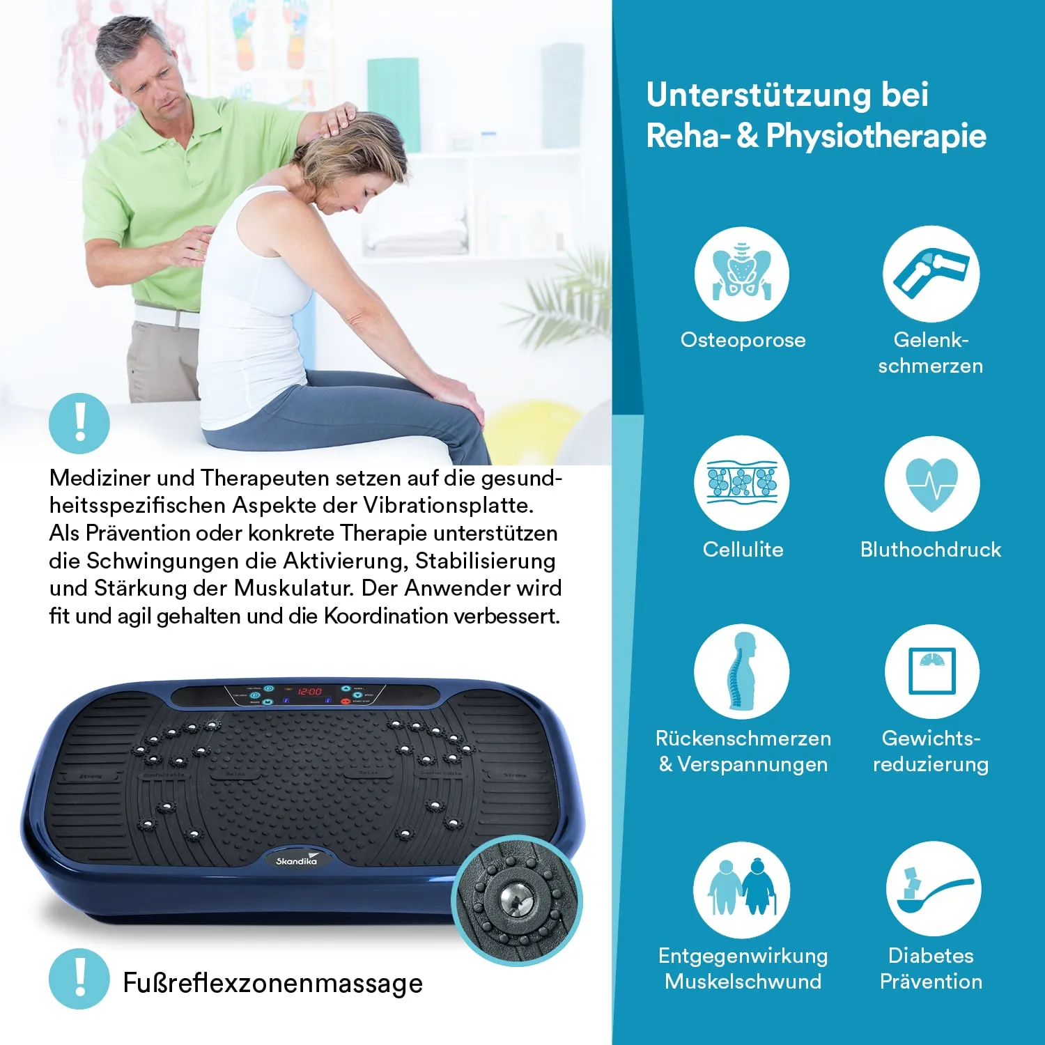 Vibrationsplatte zur Unterstützung bei Reha- und Physiotherapie, um Muskelaktivierung und Koordination zu fördern.