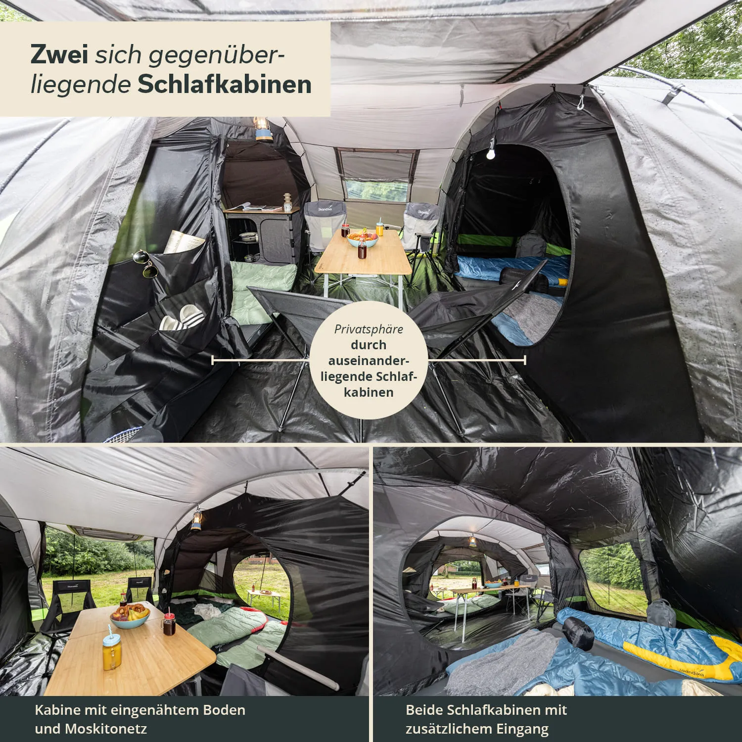 Zwei gegenüberliegende Schlafkabinen in einem Zelt mit Tisch, Stühlen und Schlafmatten. Innenraum in Schwarz und Grün.