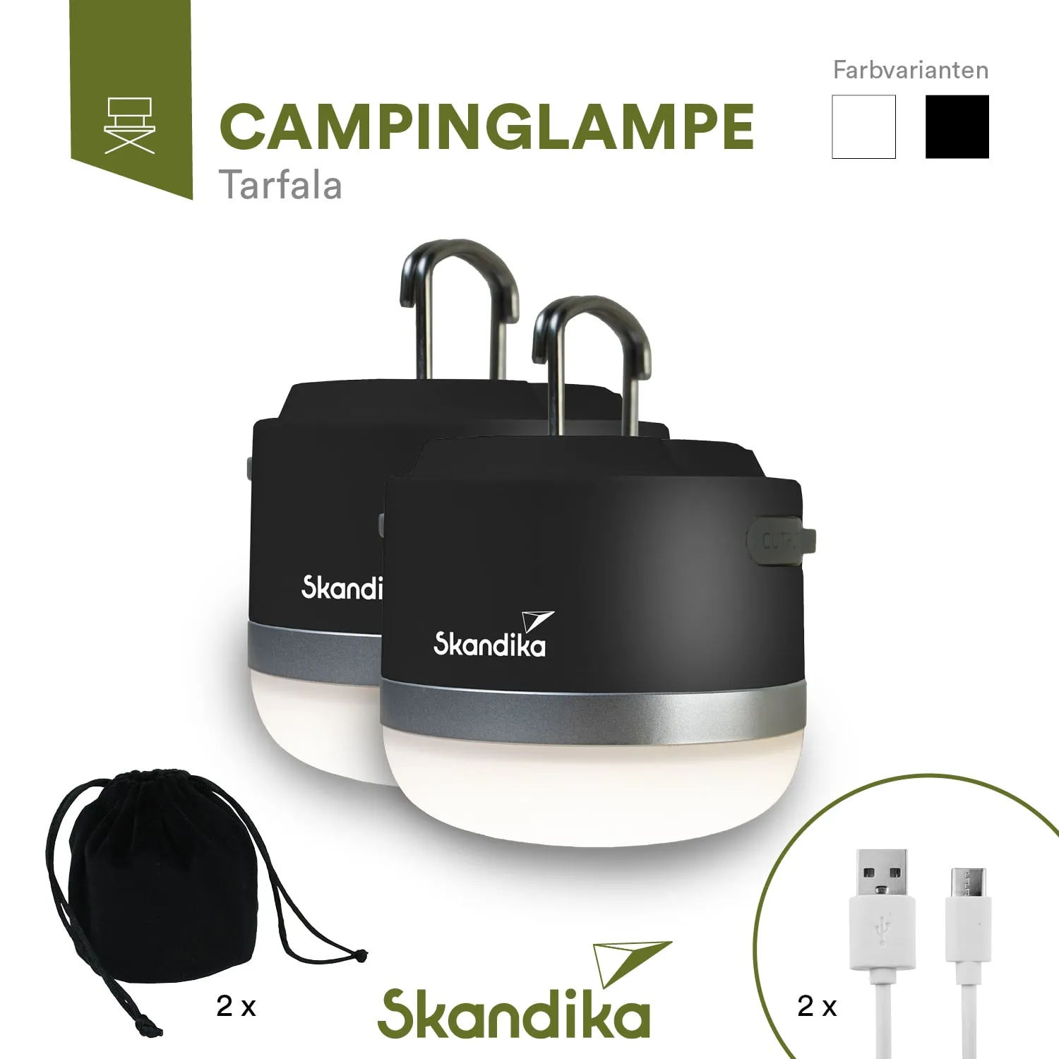 Zwei schwarze Campinglampen mit abgerundeter Form, die einen hängenden Griff haben. Unterhalb ist eine leuchtende LED-Fläche. Daneben befindet sich ein schwarzes Säckchen und zwei USB-Kabel.