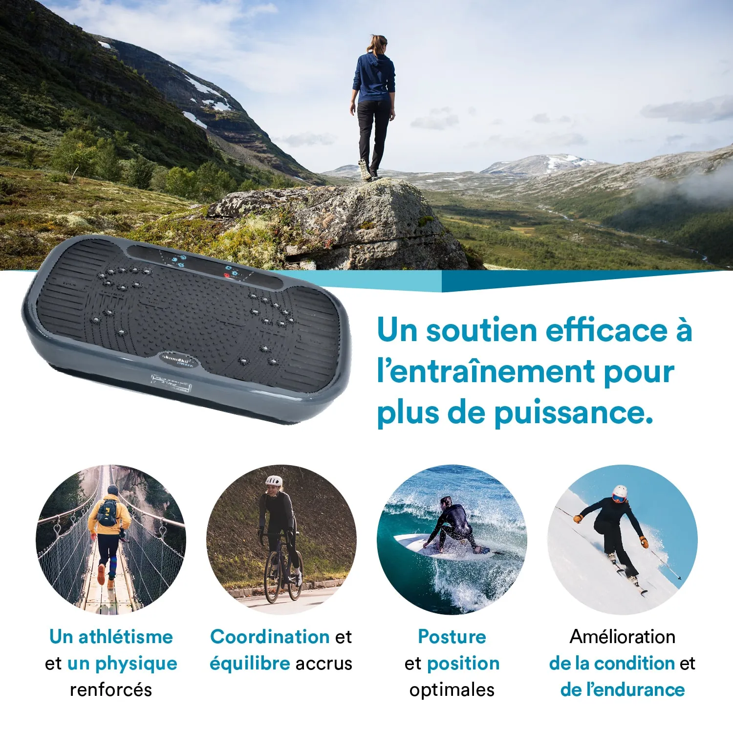 Ein Outdoor-Szenario mit einer Person, die auf einem Felsen steht und einen Ausblick auf eine grüne Landschaft mit Bergen hat. Unten befindet sich ein Trainingsgerät.