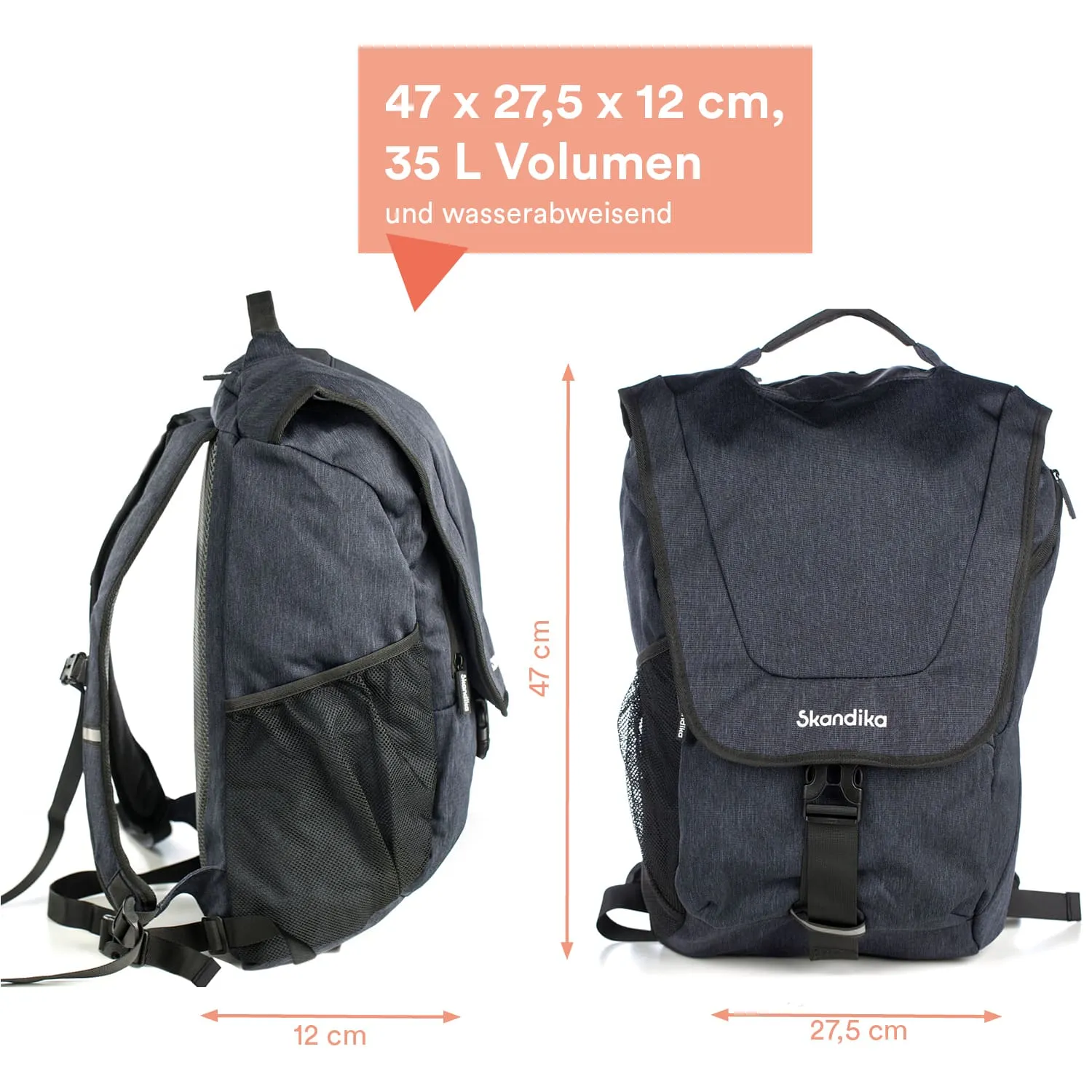 Schwarzer Rucksack mit seitlichem Netzfach, Maßen 47 x 27,5 x 12 cm und 35 L Volumen, wasserabweisend.