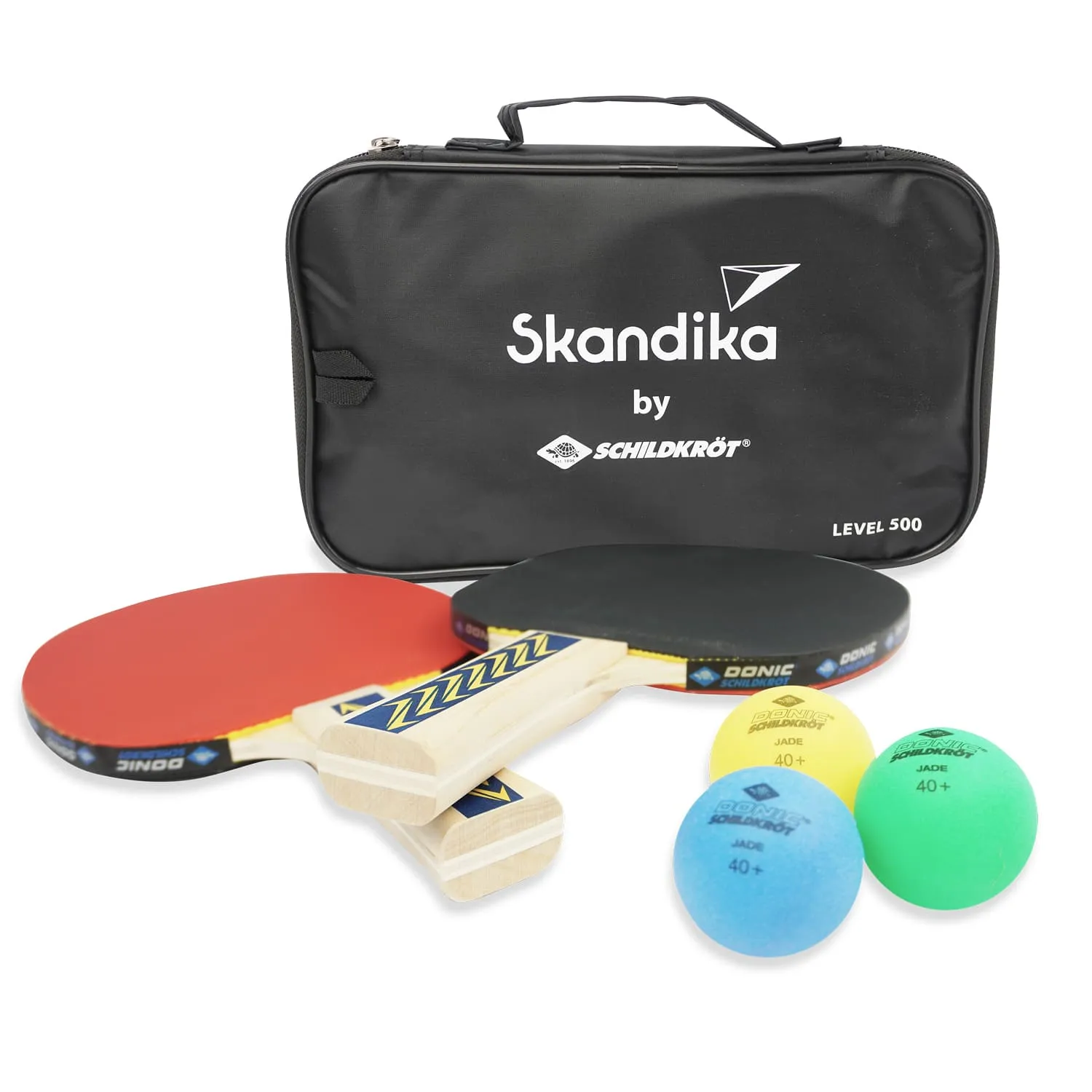 Tischtennisset mit zwei Schlägern, drei bunten Bällen und einer schwarzen Tasche mit Aufdruck.