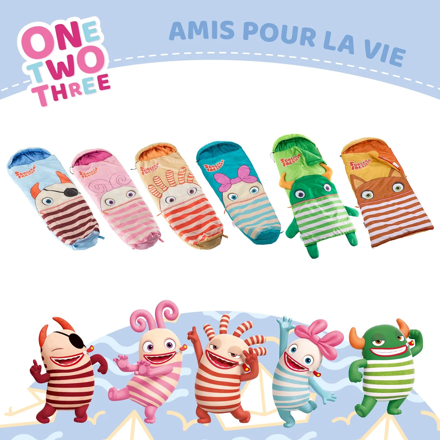 Bunte Schlafsäcke mit Tiermotiven in verschiedenen Farben und ausgeprägten Augen, darunter Figuren mit Streifen. Unten stehen fröhliche, gestreifte Maskottchen in unterschiedlichen Farben.