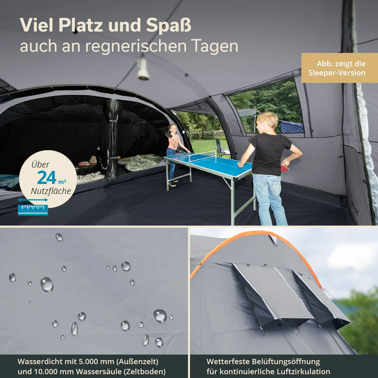 Zeltinnenszene mit Tischtennisplatte. Kinder spielen, Zelt mit großem Raum, Wasserdichtheit und Belüftungsöffnung beschrieben.