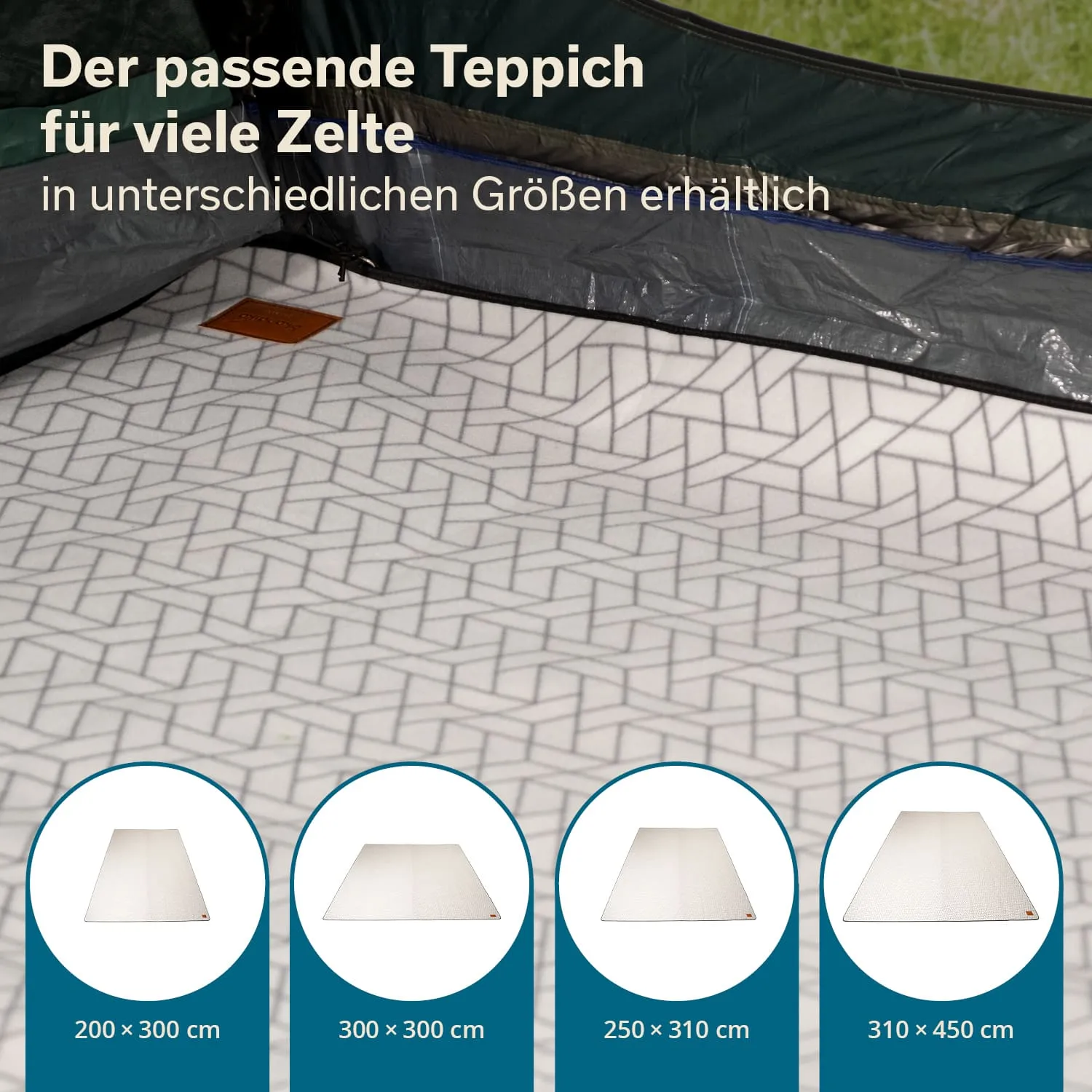 Teppich mit geometrischem Muster in einem Zelt. Darunter verschiedene Größenangaben: 200×300 cm, 300×300 cm, 250×310 cm, 310×450 cm.