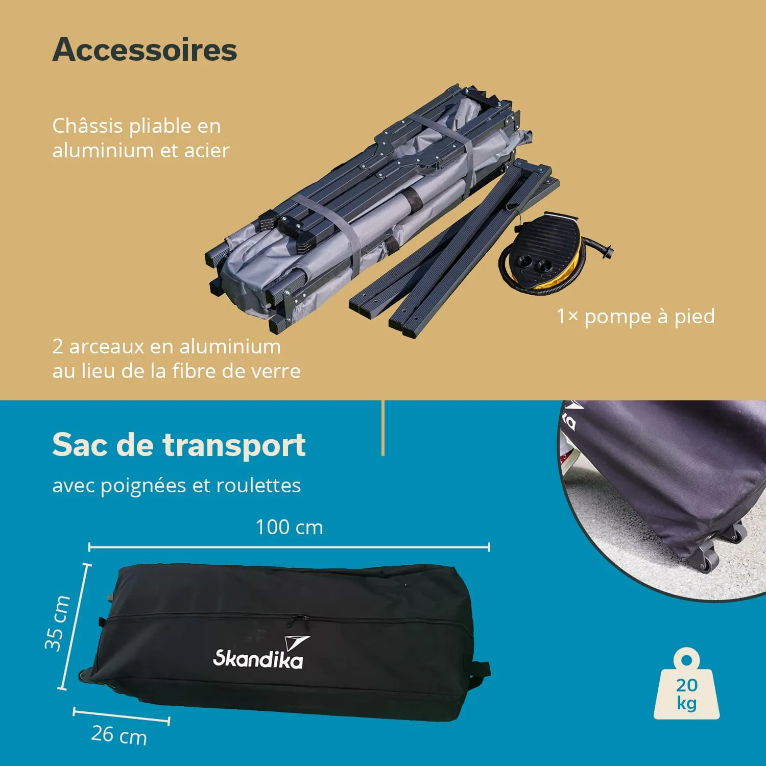 Zusammengelegtes Chassis aus Aluminium und Stahl, Zubehör wie eine Fußpumpe und ein schwarzer Transportbeutel mit Rollen.