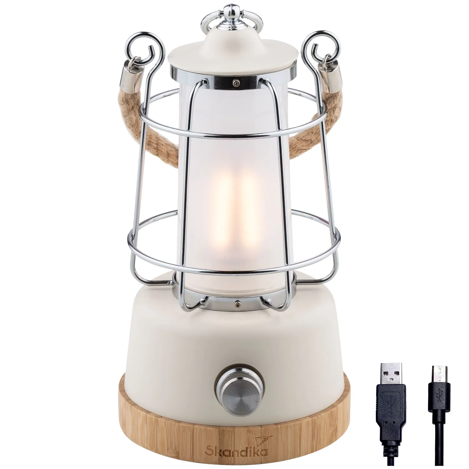 Tischlampe im Vintage-Stil mit Metallgitter und Seilgriff, weißem Lampengehäuse und Bambusfuß, USB-Kabel daneben.