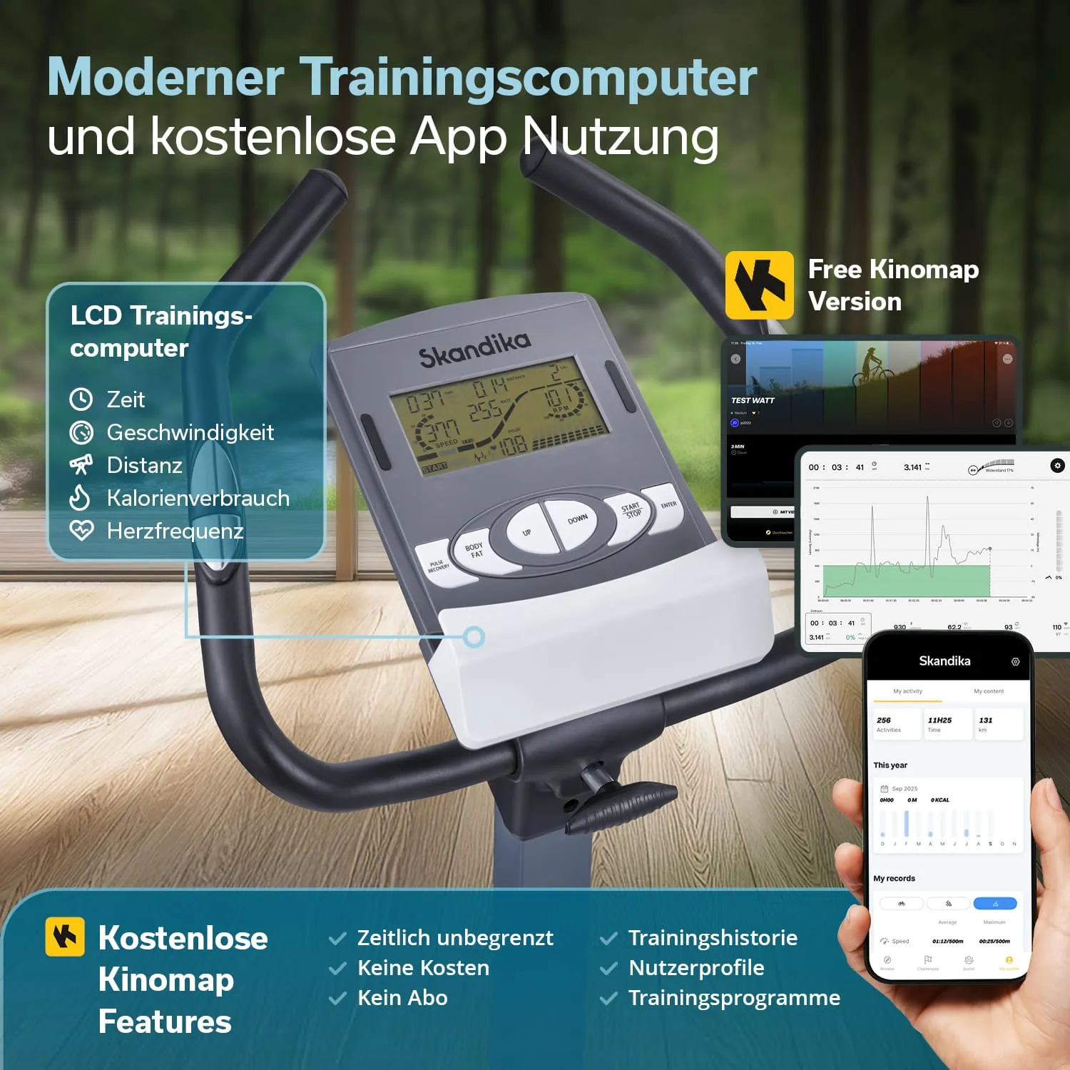 Trainingcomputer mit LCD-Display, App-Nutzung, Daten zu Zeit, Geschwindigkeit, Distanz, Kalorien und Herzfrequenz.