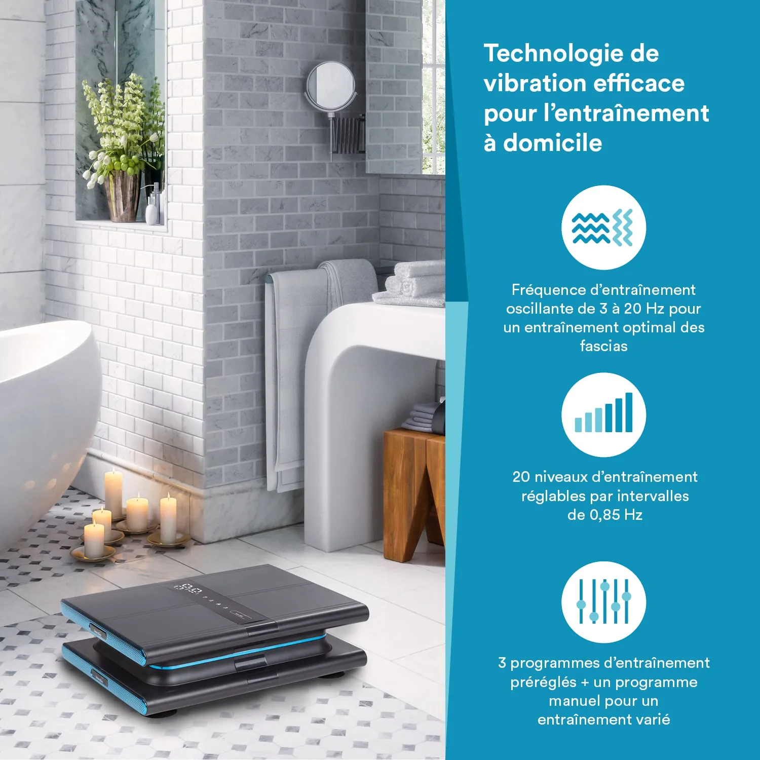 Vibrationsplatte in einem Badezimmer mit großen Fliesen, Handtüchern, einer Badewanne und Kerzen.