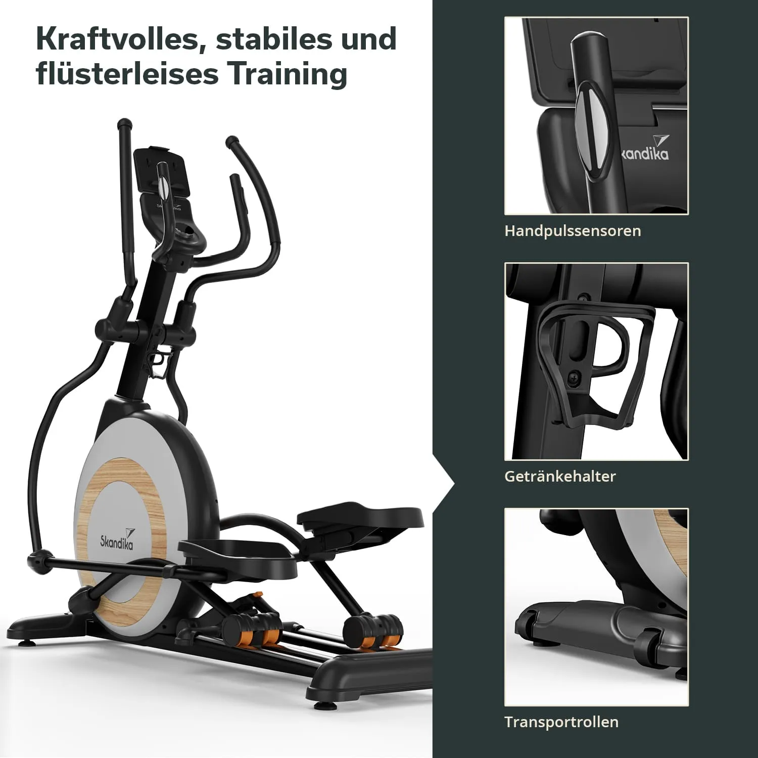 Ellipsentrainer mit Handpulssensoren, Getränkehalter und Transportrollen. Gerätestruktur aus schwarzem und hellem Material.