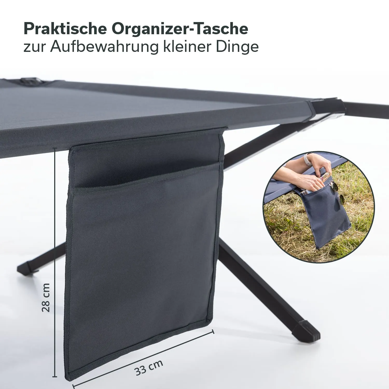 Graue Organizer-Tasche mit zwei Fächern, befestigt an einem Tisch, Maße: 28 cm x 33 cm. Kleines Detailbild zeigt Nutzung.