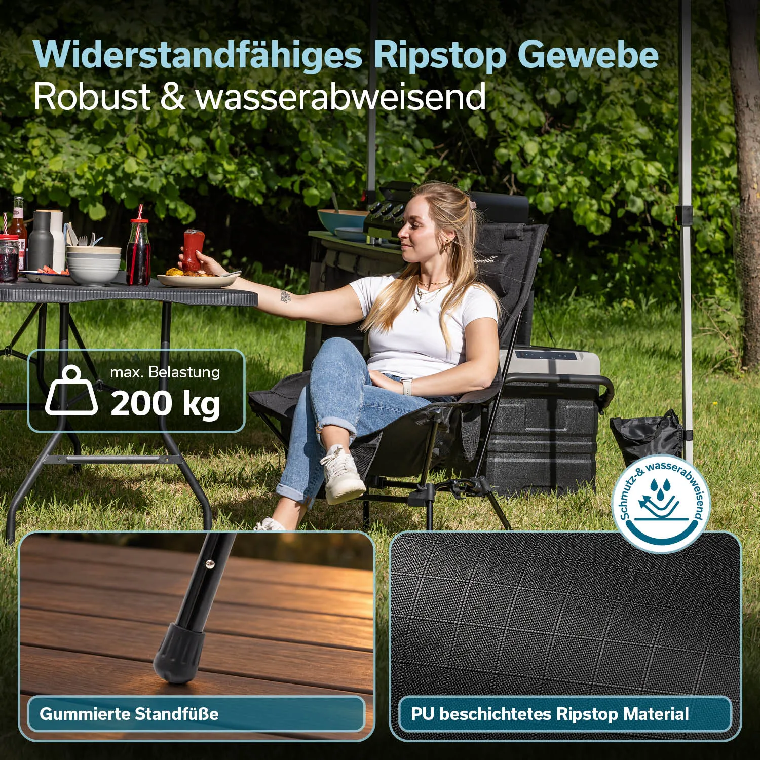 Zwei Personen sitzen auf grünen Rasenflächen in einem Campingbereich. Eine Person hat eine Sonnenbrille auf und trägt ein schwarzes Oberteil. Die andere Person sitzt in einem rot gestreiften Hosen und hält ein Tablett. Im Hintergrund sind Zelte zu sehen.