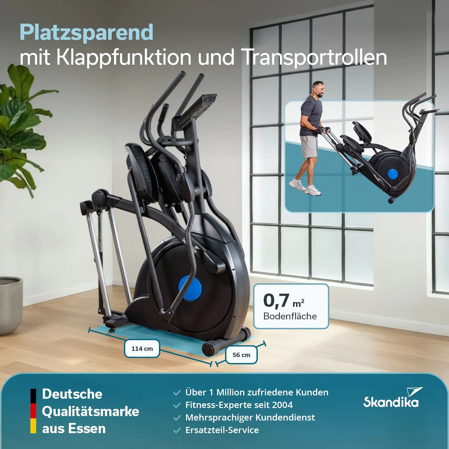 Kompakter Crosstrainer mit Klappfunktion und Transportrollen. Maße: 114 cm x 56 cm, benötigt 0,7 m² Fläche. Innenraum mit Fenster.