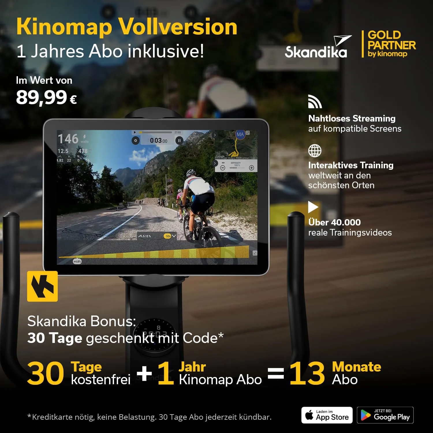 Screenshot einer Werbung für ein Kinomap-Abonnement. In der Mitte ein Bildschirm mit einer Trainingsansicht, links Informationen zu Preisen und Angebot.