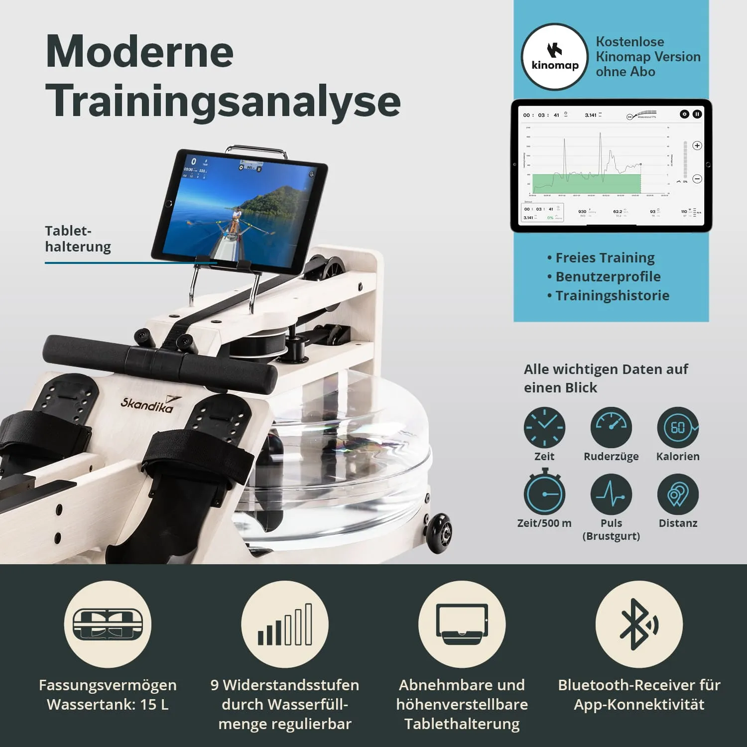 Wassertretgerät mit Tablet-Halterung, Wassertank, Bedienfeld und Funktionen zur Trainingsanalyse. Grafiken und Statistiken zu Training.