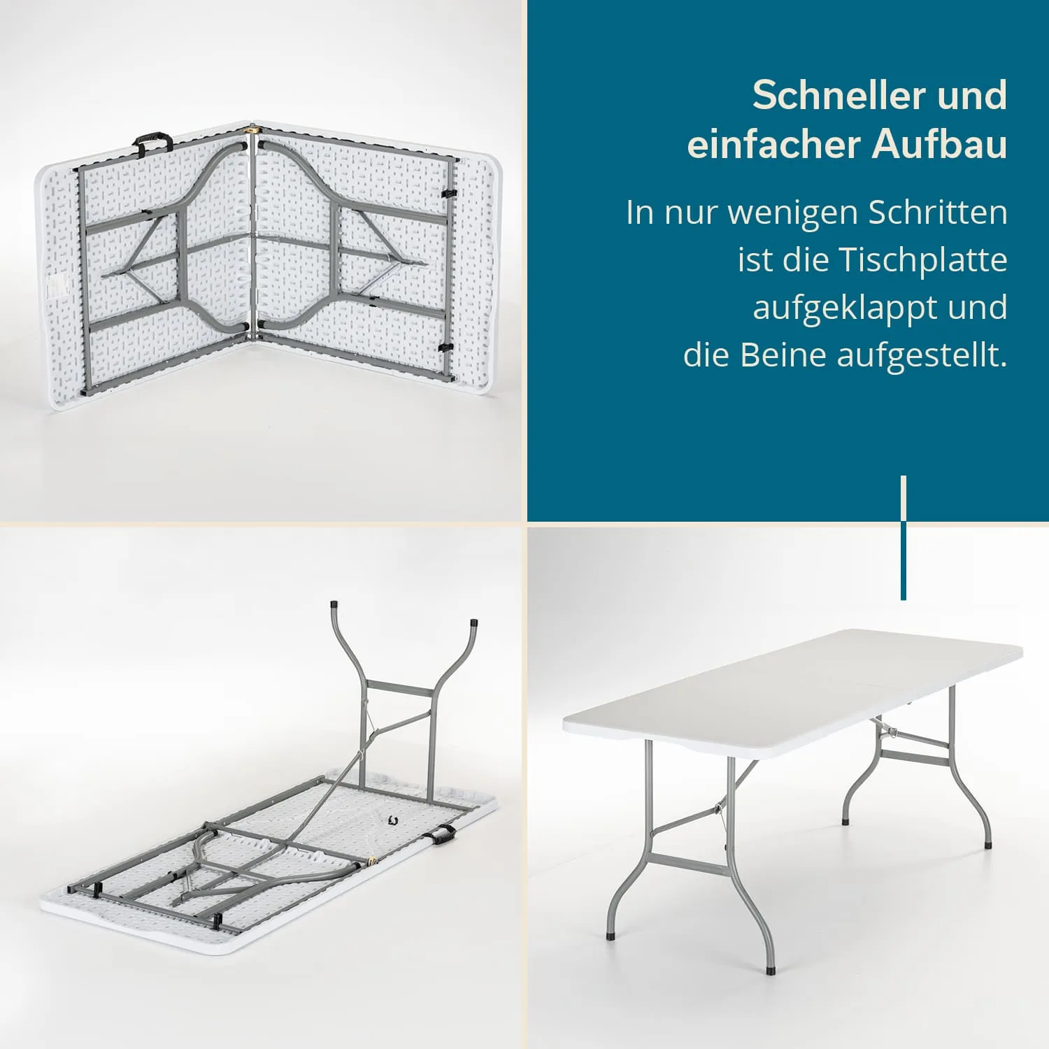 Faltbarer Tisch in drei Ansichten: einmal zusammengeklappt, einmal mit ausgeklappten Beinen und einmal voll aufgebaut.