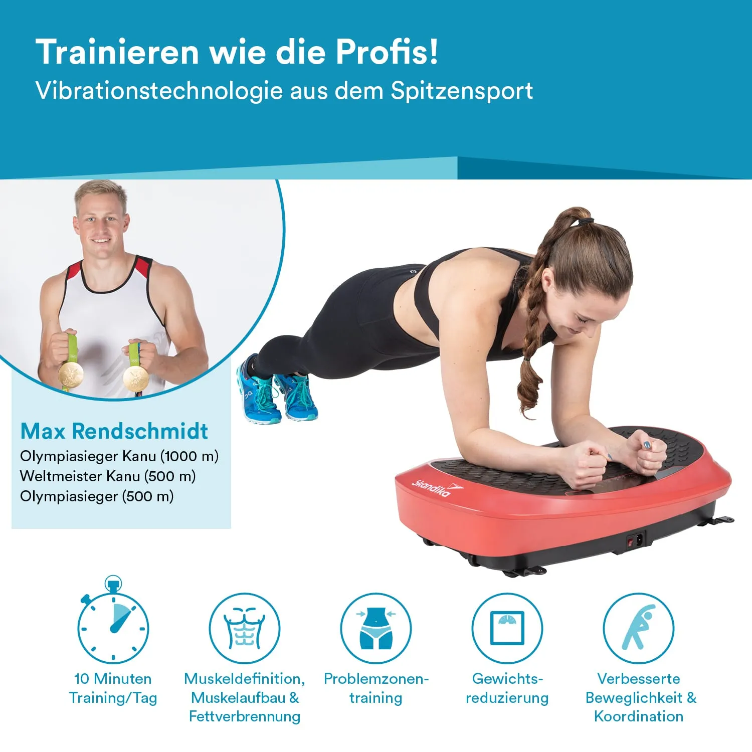 Person macht eine Plank-Übung auf einer Vibrationsplatte. Im Hintergrund steht ein Mann mit Gewichten, Text und Symbole zu Training.