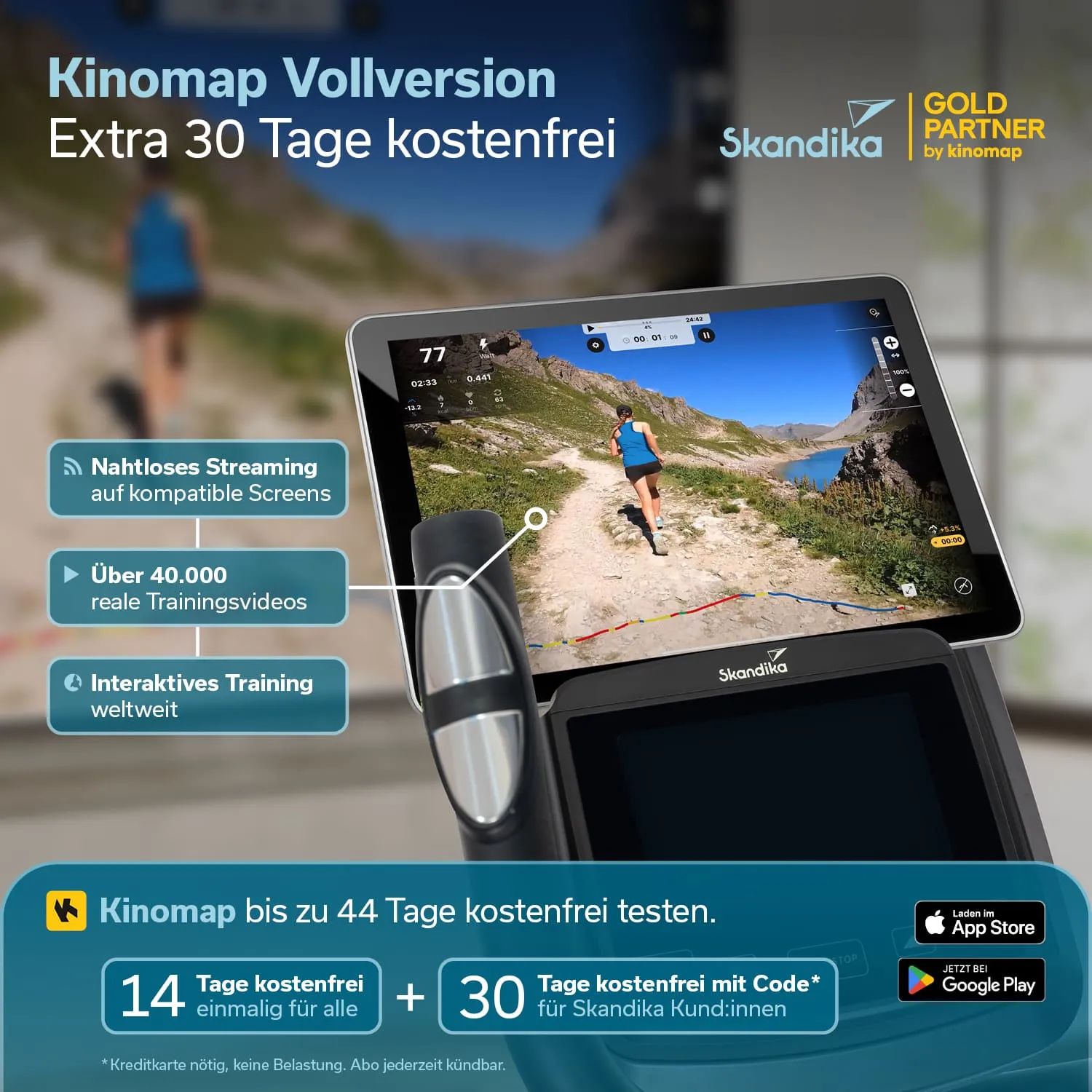 Fitnessgerät mit Bildschirm, der ein Laufvideo zeigt. Textinformationen zu Kinomap und unverbindlichen Testangeboten sind sichtbar.