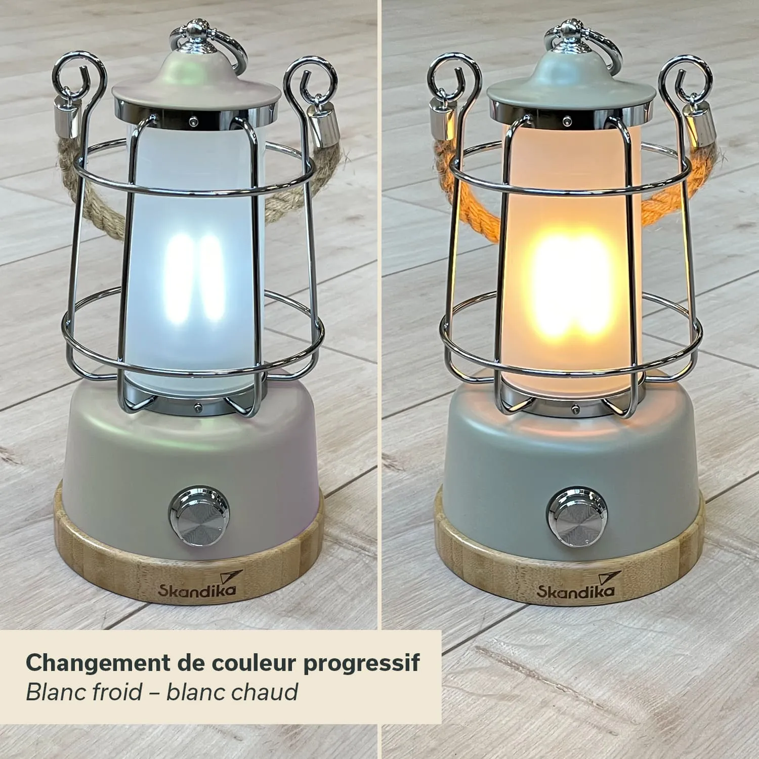Tischlampe mit metallischem Gitter und Holzsockel, zwei unterschiedliche Lichtfarben: kalt und warm. Neutraler Hintergrund.