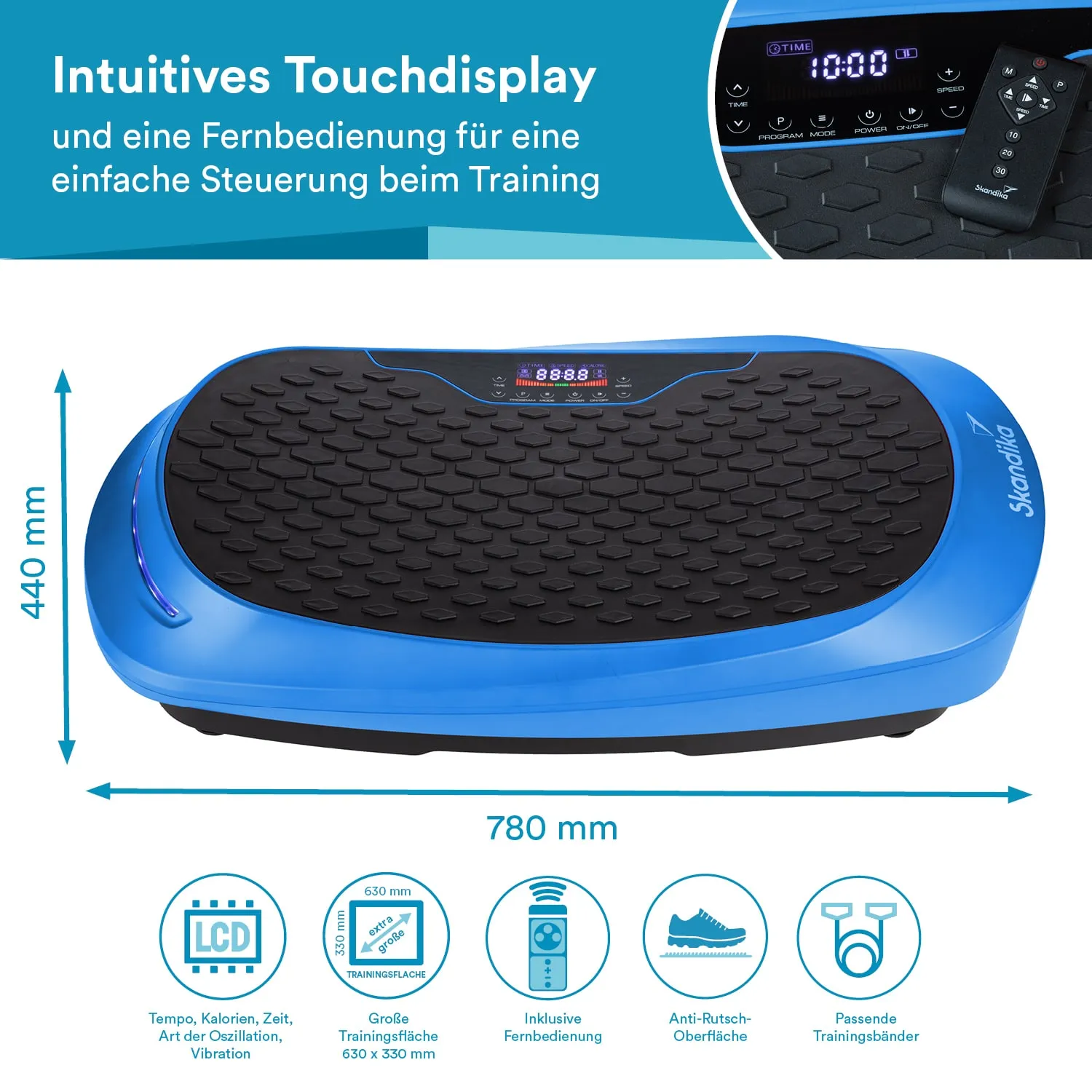 Vibrationsplatte in Blau mit rutschfester Oberfläche, LCD-Display und Fernbedienung. Maße: 780 mm x 440 mm.