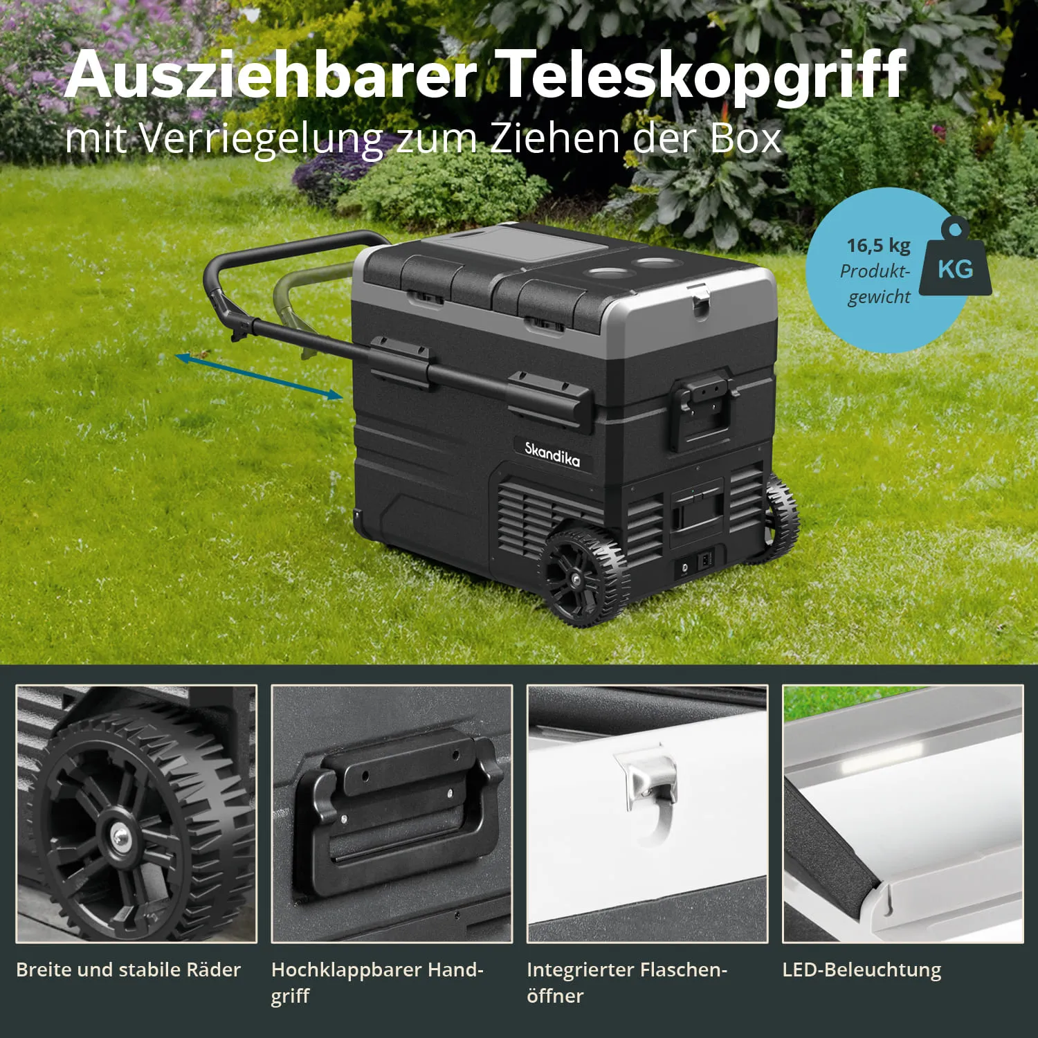Kühlbox mit ausziehbarem Teleskopgriff, stabilen Rädern und integriertem Flaschenöffner. Im Hintergrund grünes Gras.