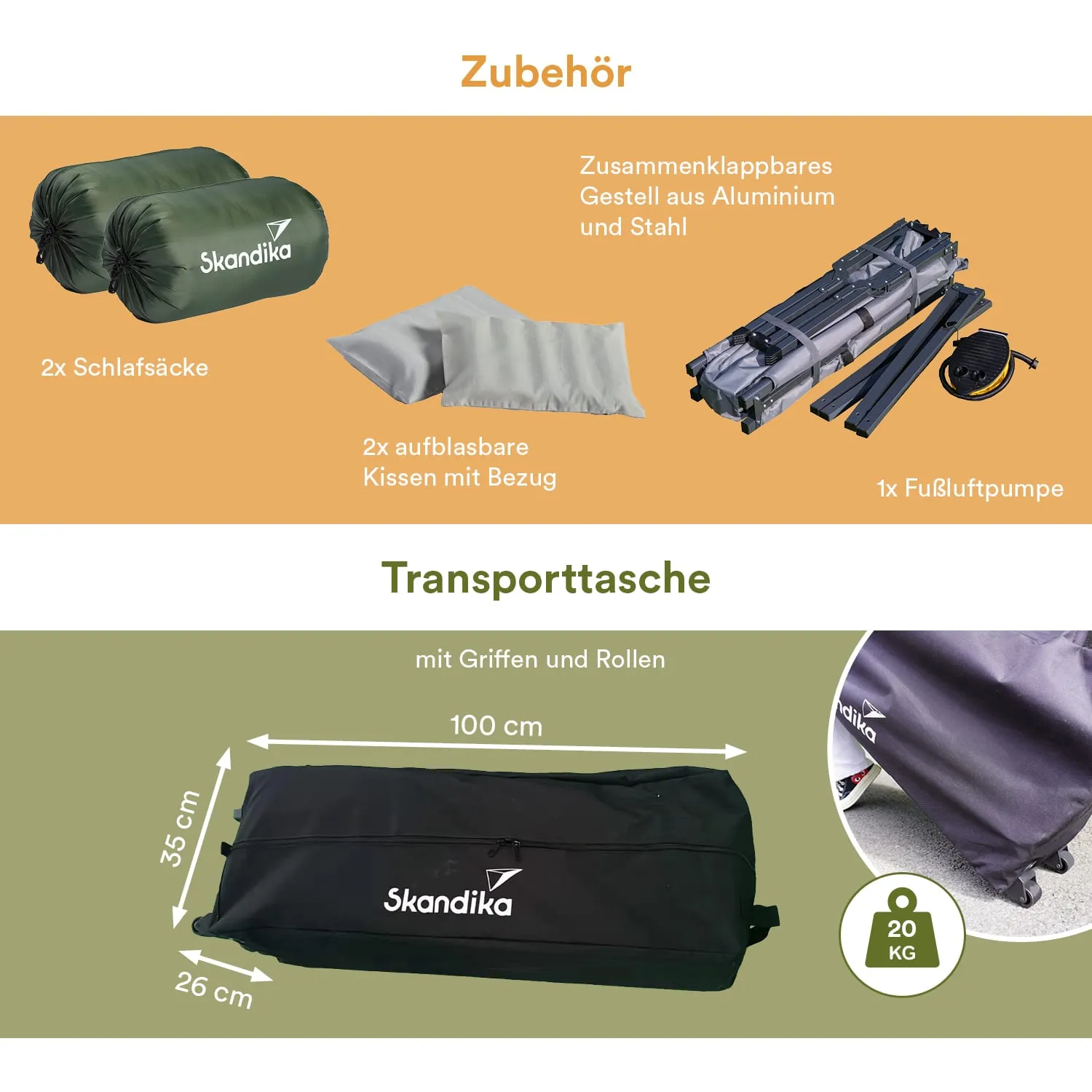 Schlafzubehör und Transporttasche von Skandika. Enthält zwei Schlafsäcke, zwei aufblasbare Kissen, ein Gestell und eine Fußluftpumpe.