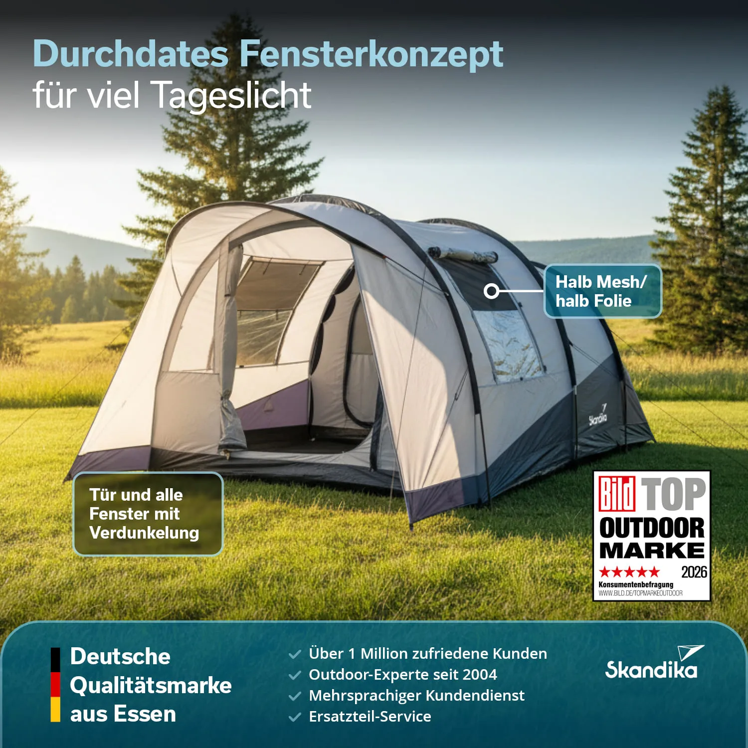 Zelt mit Mesh- und Folienfenstern auf einer Wiese, umgeben von Bäumen. Text und Logo sind sichtbar.