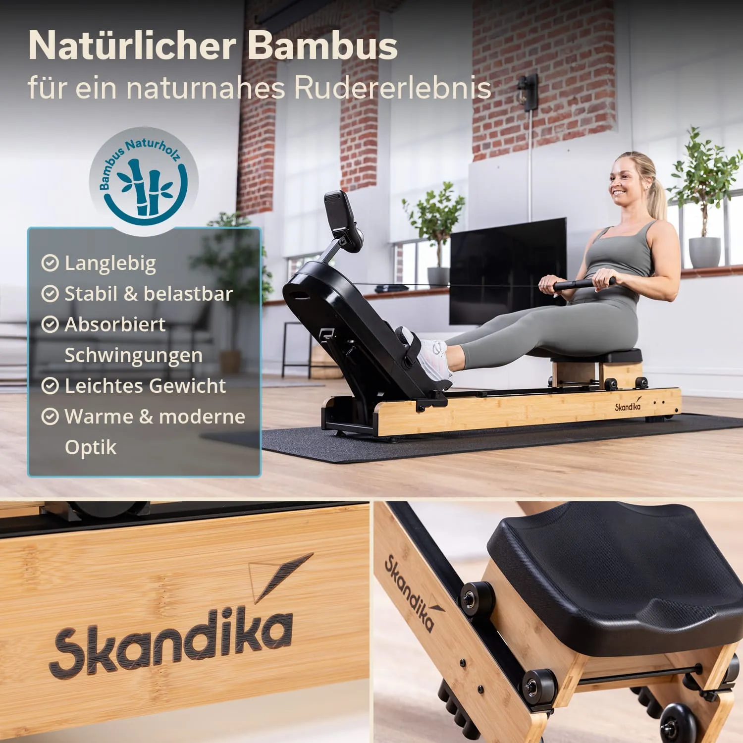 Rudergerät aus Bambus, Person sitzt darauf. Textinformationen über Eigenschaften wie Stabilität, Gewicht und Optik.