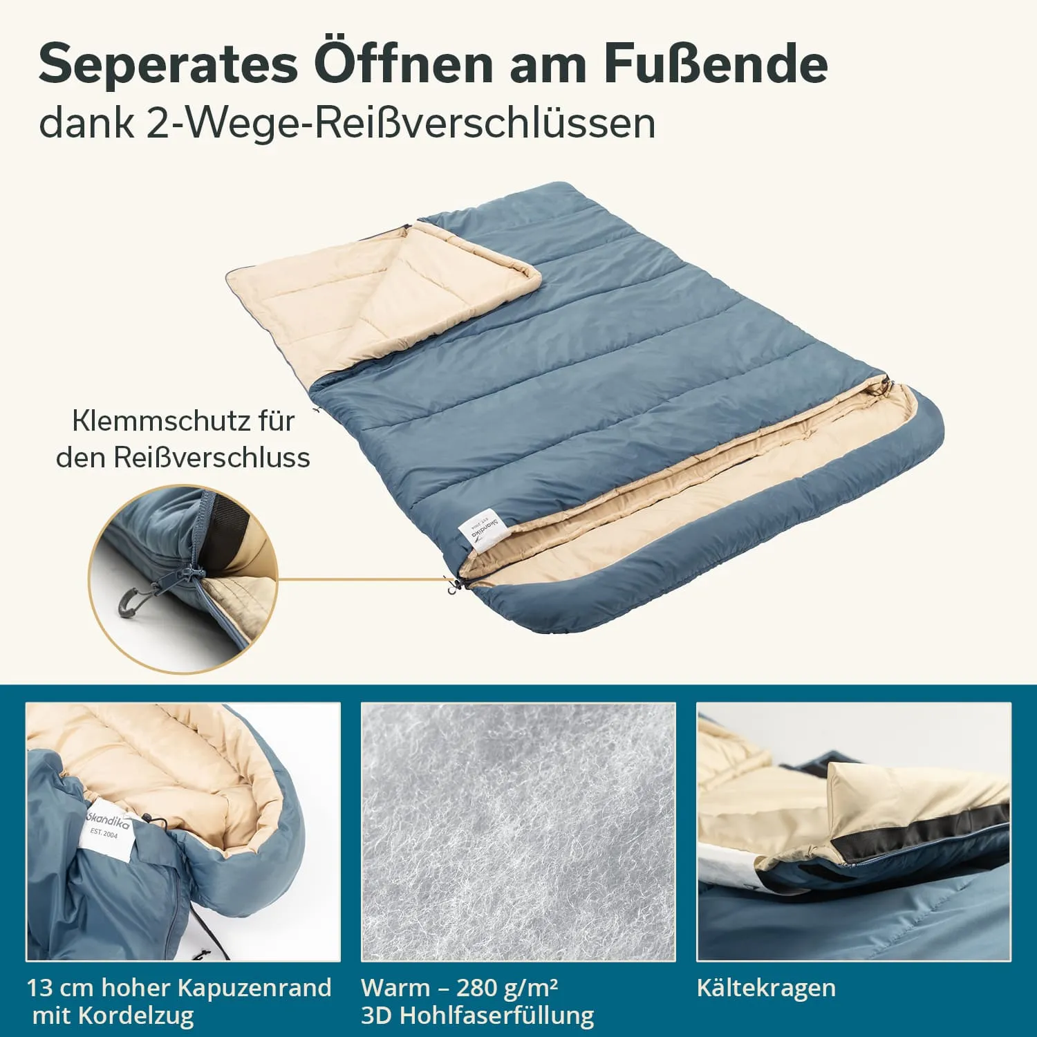 Schlafsack in blau und beige mit zwei-Wege-Reißverschlüssen, Kältekragen und hohen Kapuzenrand. Detailansichten vorhanden.