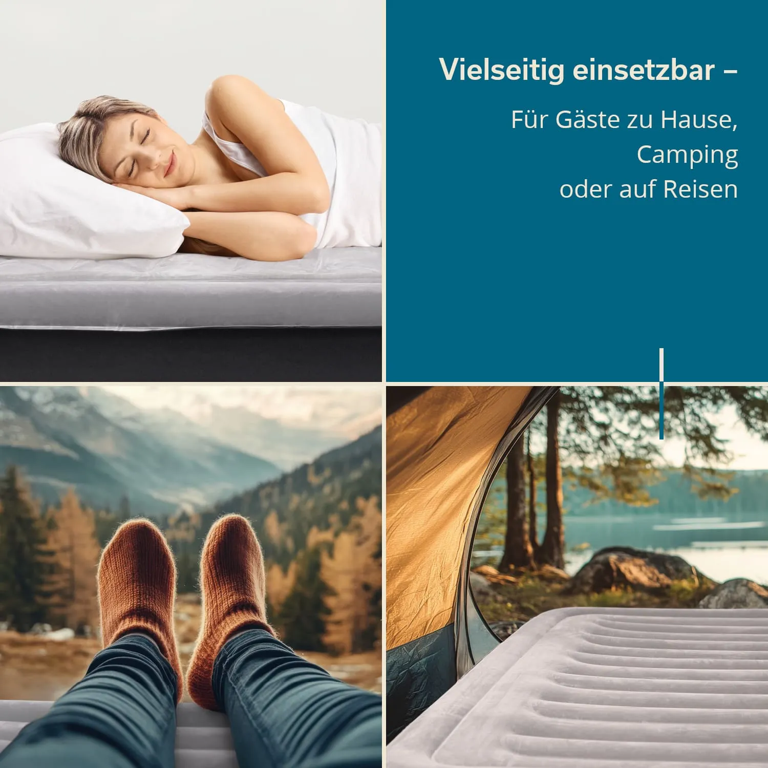 Eine schlafende Person liegt auf einer Matratze. Darunter sind zwei Szenen: Füsse in Socken vor einer Berglandschaft und der Innenraum eines Zeltes mit Blick auf einen See. Rechts steht ein Text über vielseitige Nutzung.