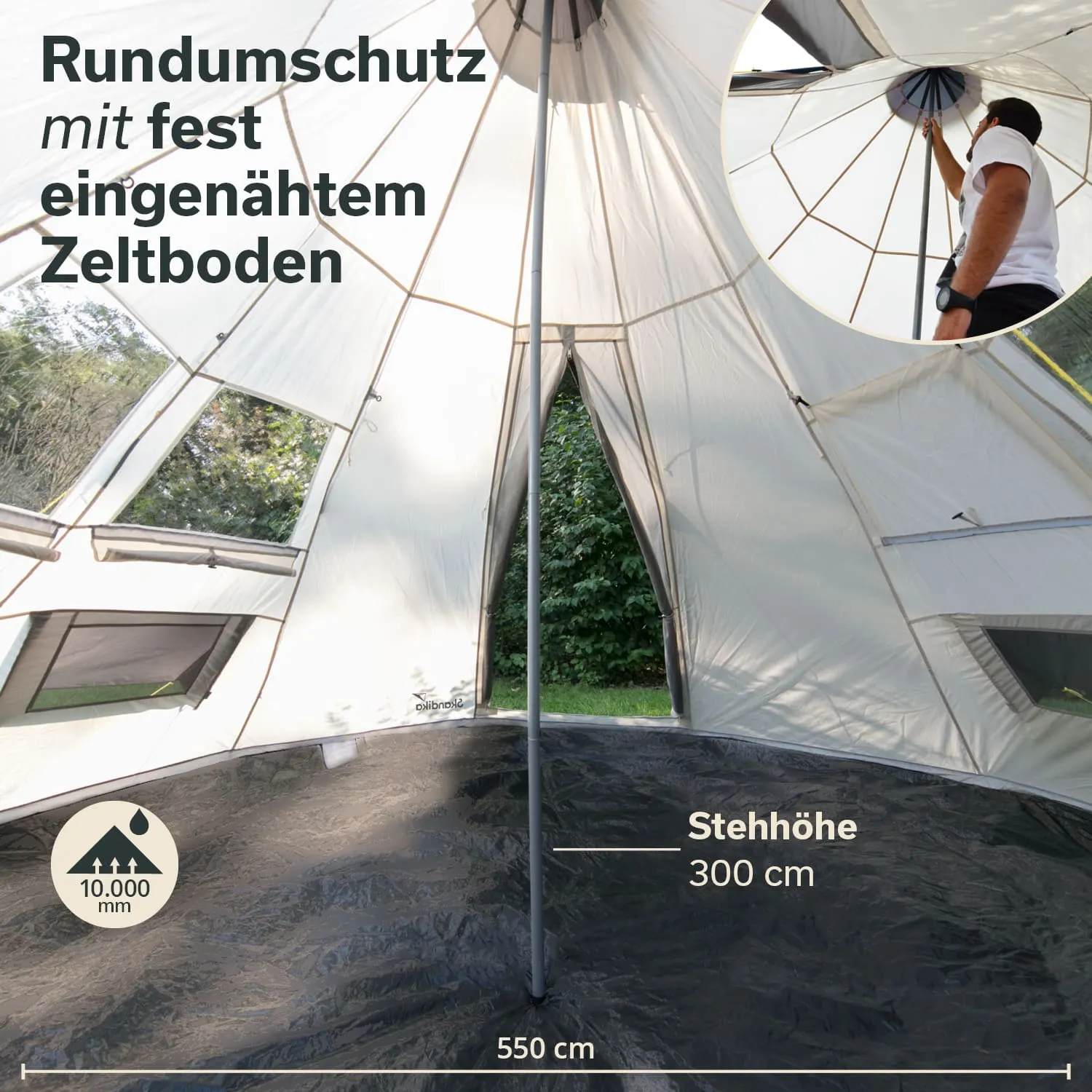 Zeltinnenseite mit Zeltboden. Sicht auf Zeltdach und zentralen Stützpfosten. Maße und Materialinformationen sind eingeblendet.