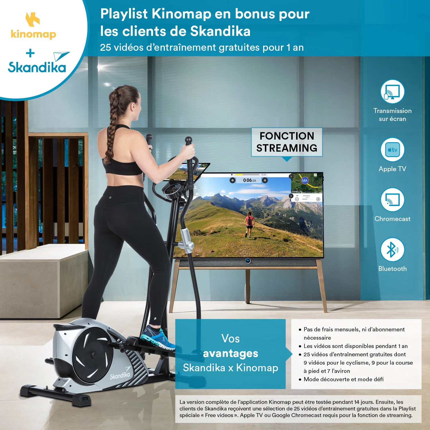 Person nutzt ein Crosstrainer-Gerät vor einem großen Bildschirm, auf dem eine Trainings-App angezeigt wird.