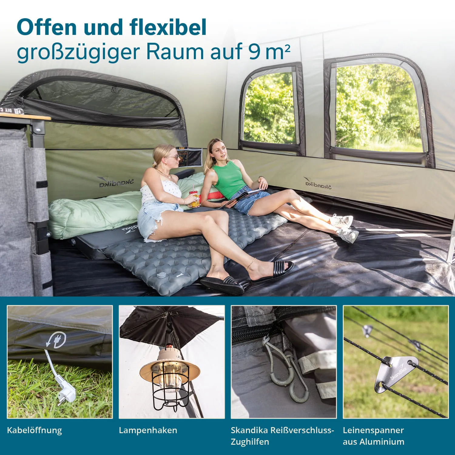 Zwei Personen sitzen in einem Zelt auf einer Matte. Es gibt große Fenster und einen Lampenhaken. Sichtbare Ausstattungsdetails unten.