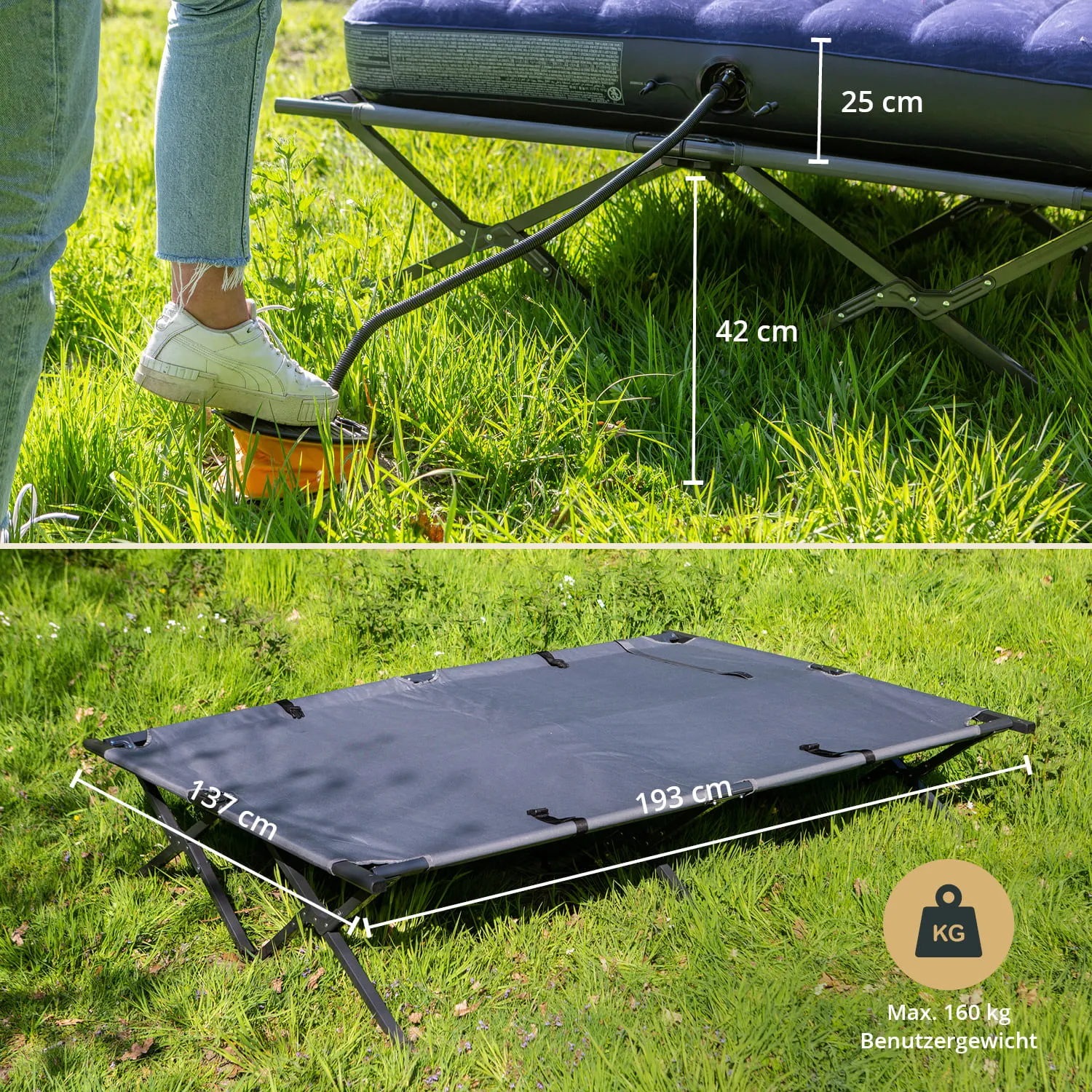 Loungebett auf Wiese mit Maßen: Höhe 25 cm, Breite 137 cm, Länge 193 cm, belastbar bis 160 kg. Fußpumpe sichtbar.
