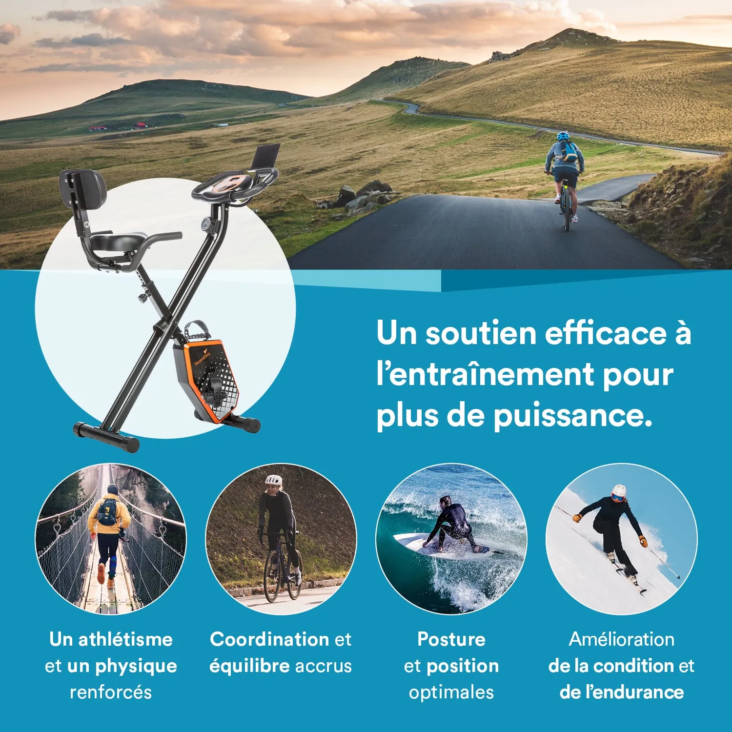 Fitnessgerät mit Rückenlehne im Vordergrund. Hintergrund zeigt Radfahrer auf einer Straße, hügelige Landschaft. Text beschreibt Trainingsvorteile.