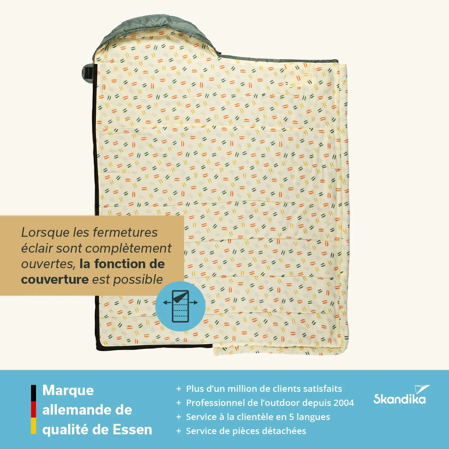 Schlafsack mit buntem, gemustertem Innenfutter und zwei offenen Reißverschlüssen. Text und Logo unten.