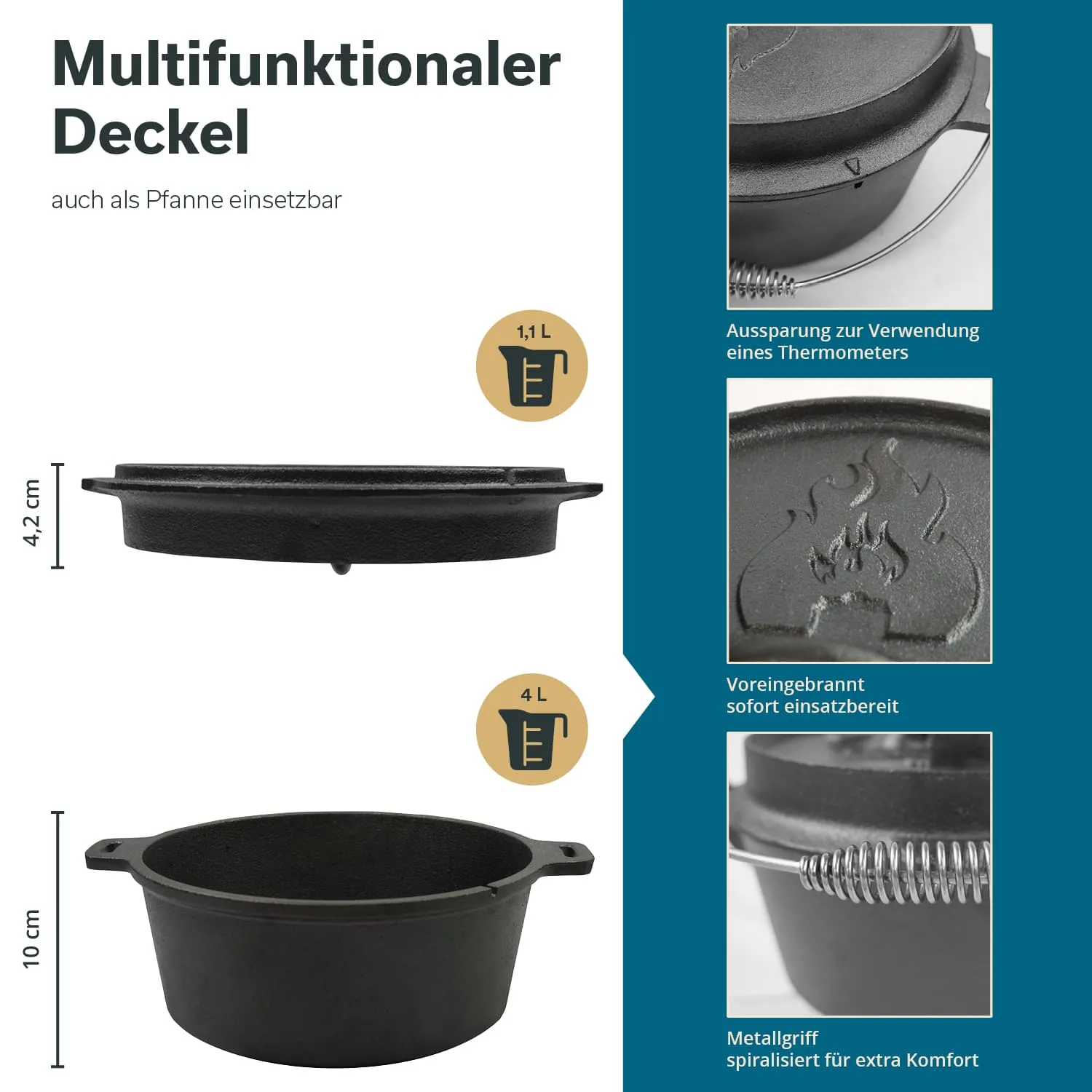 Multifunktionaler, runder Deckel aus Gusseisen, mit Messskalen und Einsätzen für Thermometer. Maße: 4,2 cm hoch und 10 cm Durchmesser.