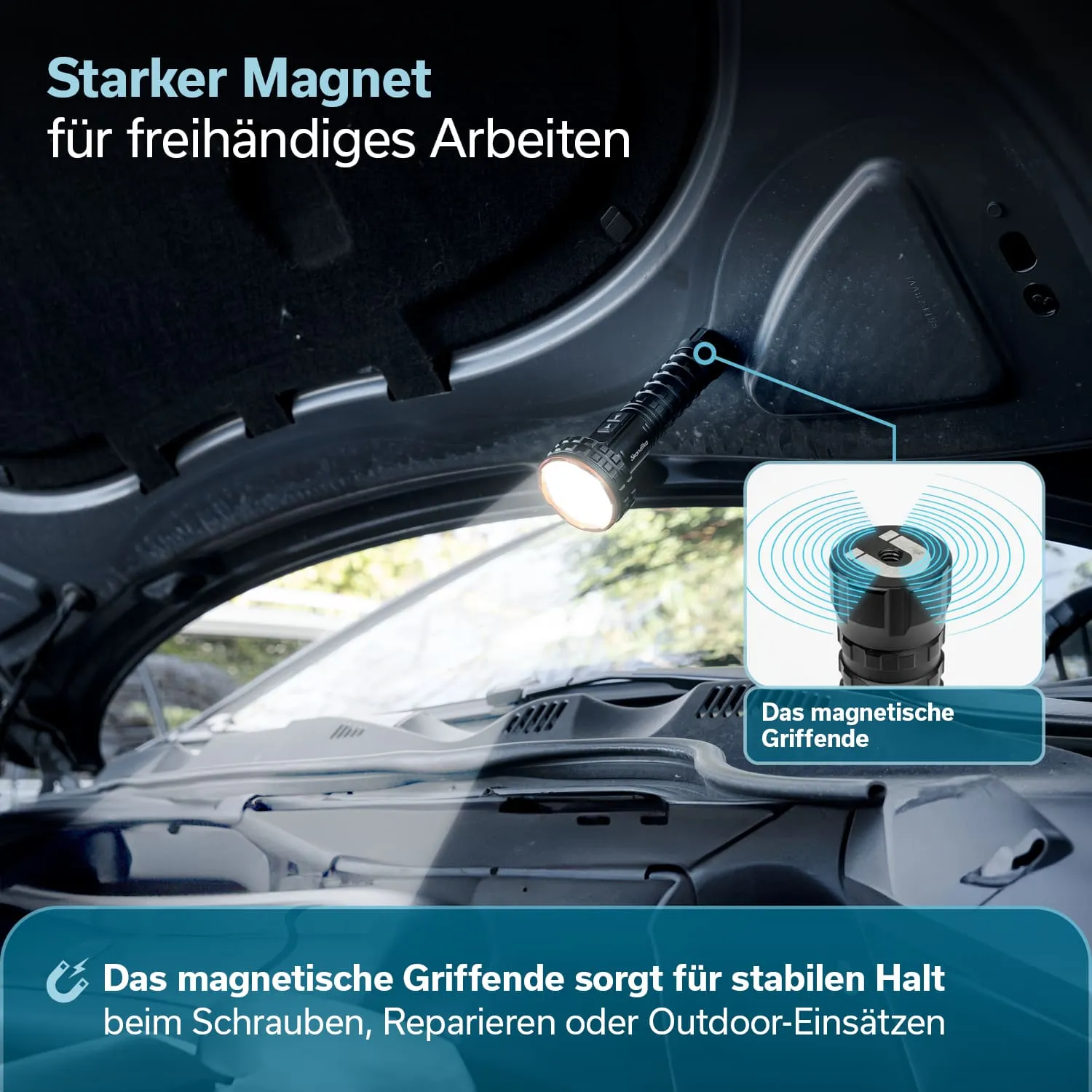 Magnetische Taschenlampe unter einer Haube, beleuchtet den Motorraum. Zusätzliche Grafik zeigt das magnetische Griffende.