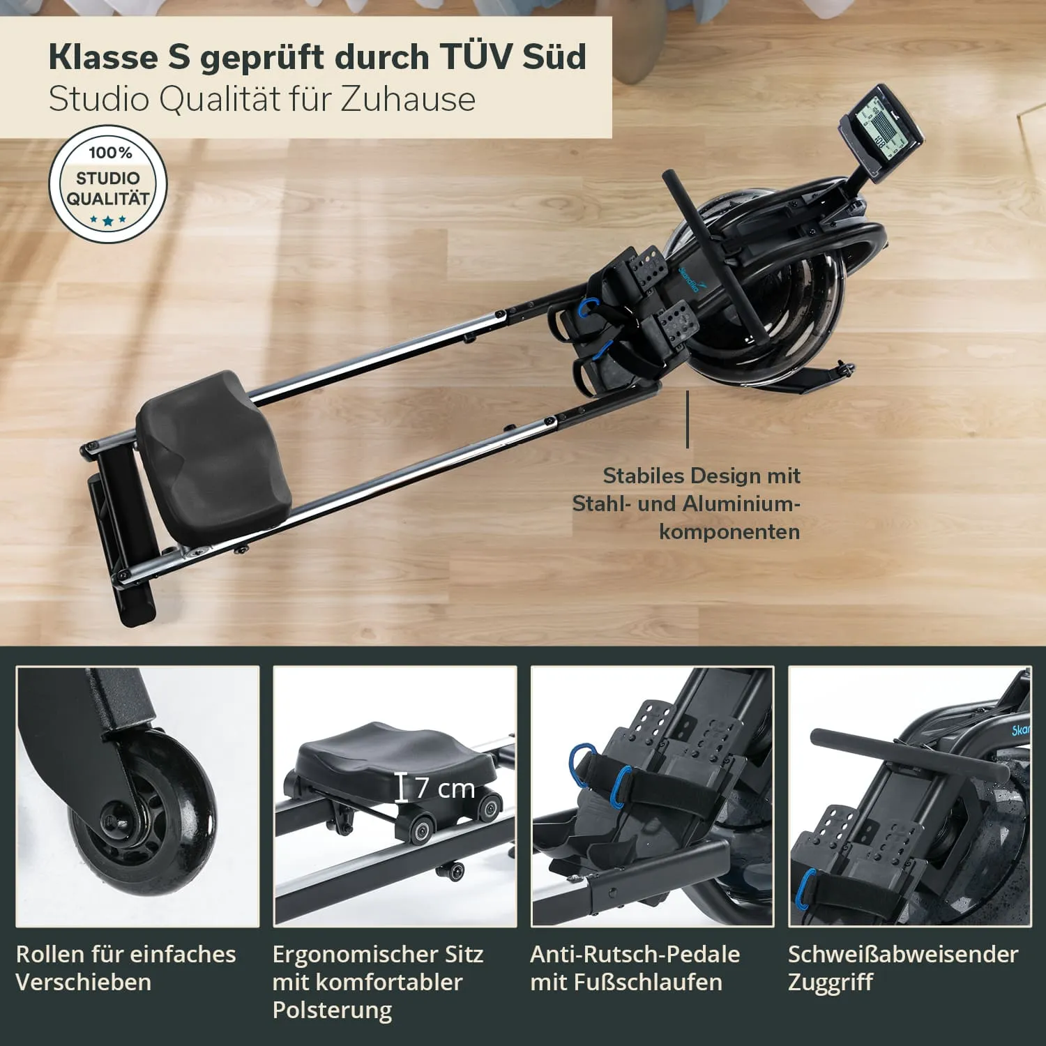 Rudergerät aus Stahl und Aluminium mit ergonomischem Sitz, Anti-Rutsch-Pedalen und einer digital angezeigten Steuerung.