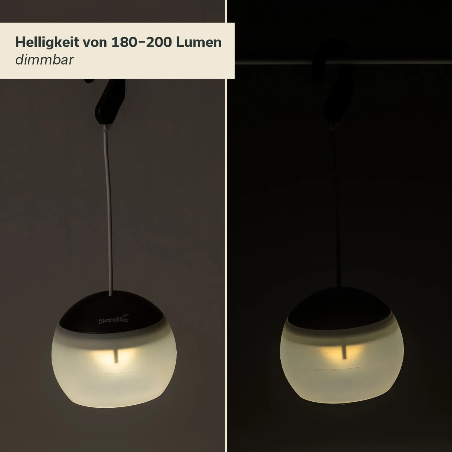 Eine dimmbare LED-Hängelampe mit rundem, mattem Gehäuse, das teils transparent ist. Sie hängt an einem Kabel.
