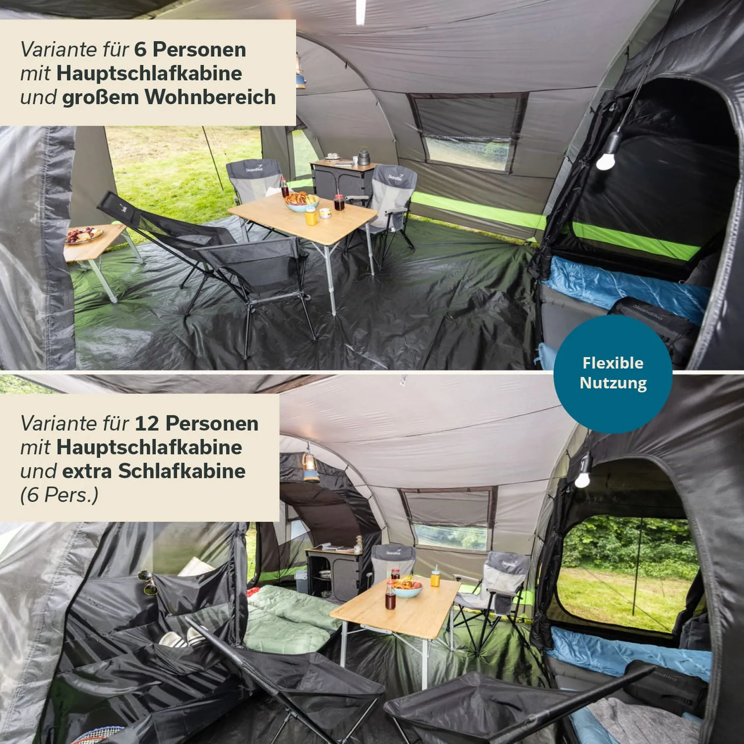 Zeltansicht mit zwei Varianten: Oben für 6 Personen mit Schlafkabine und Wohnbereich, unten für 12 Personen mit extra Schlafkabine.
