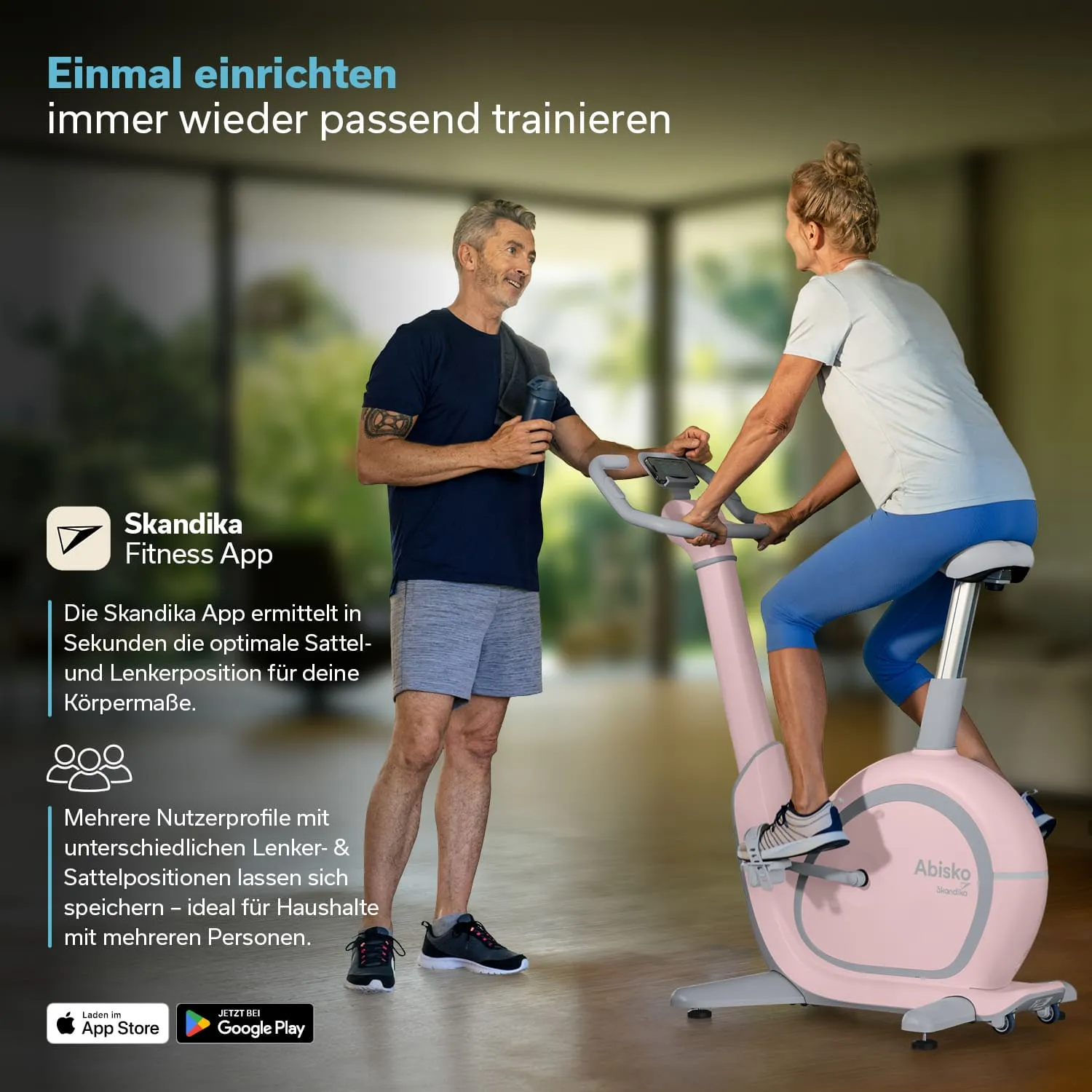 Smartphone in der Hand einer Person mit Fitness-App, die individuelle Ergonomie anzeigt. Neben einer Konsole mit Trainingsdaten.