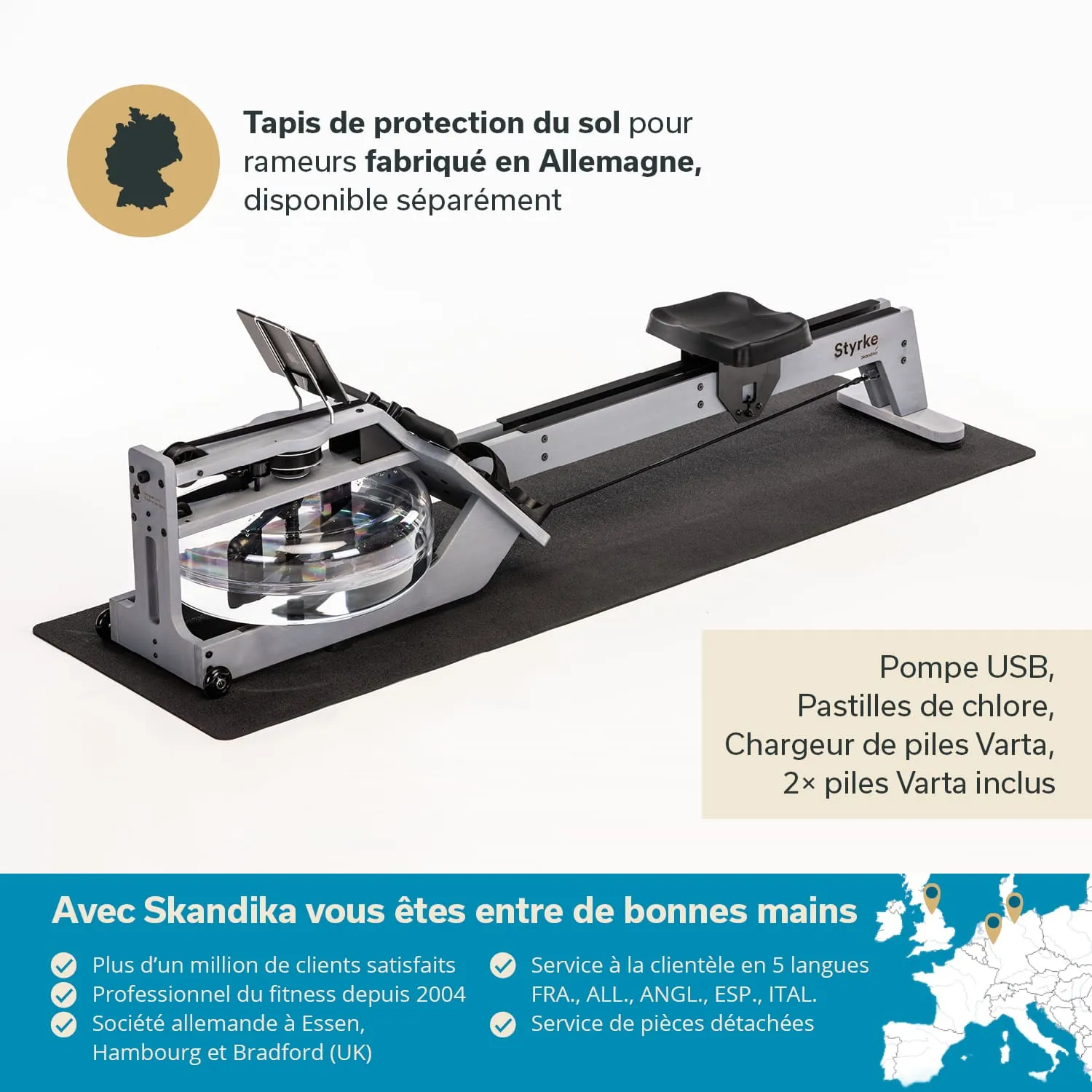 Bodenmatte für Rudergeräte, mit Rudergerät und technischen Details, auf hellem Hintergrund.